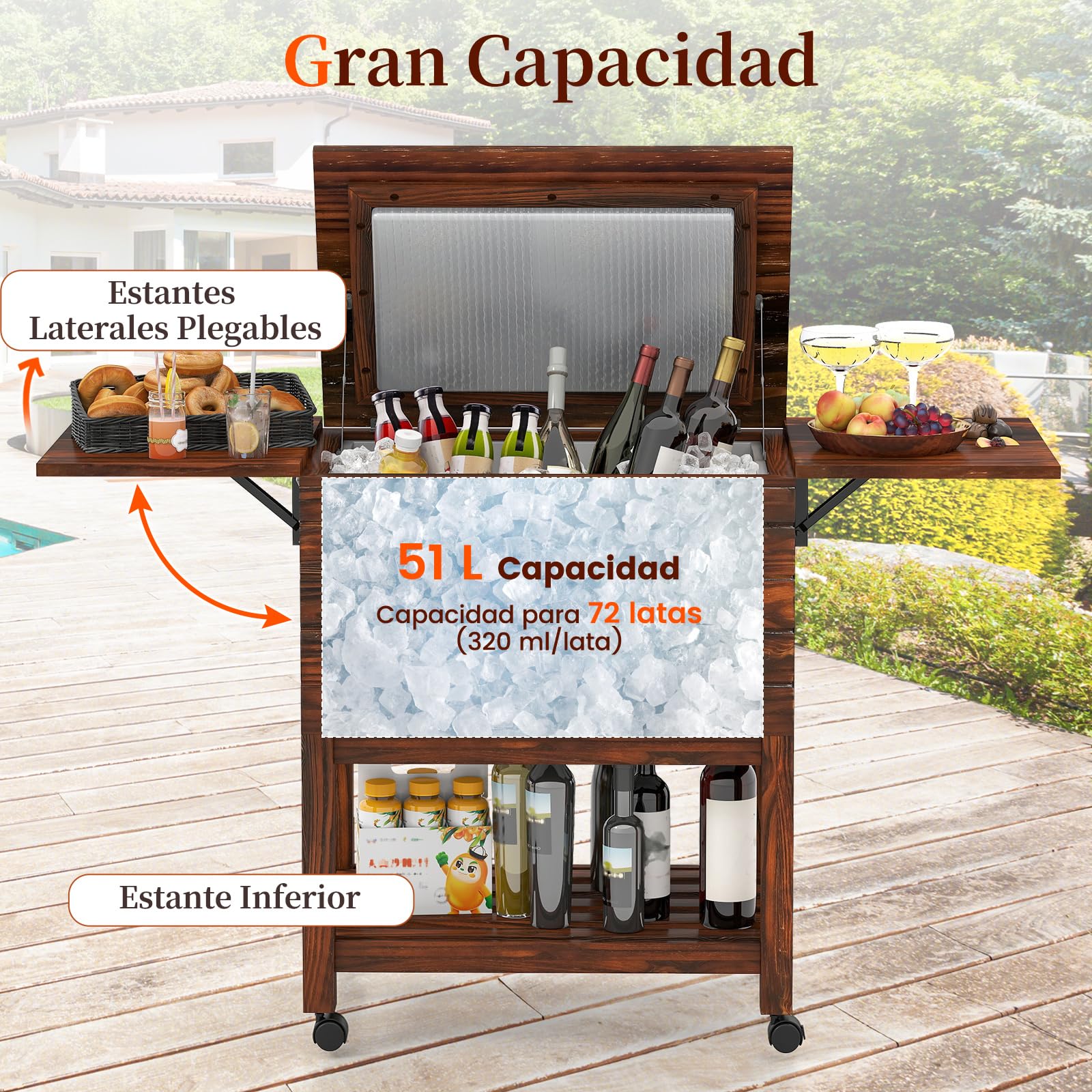 COSTWAY 51L Carrito Nevera con Ruedas, Enfriador de Madera para Patio, con 2 Estantes Plegables y Abrebotellas, Enfriador de Bebidas al Aire Libre para Fiesta, Jardín Trasero