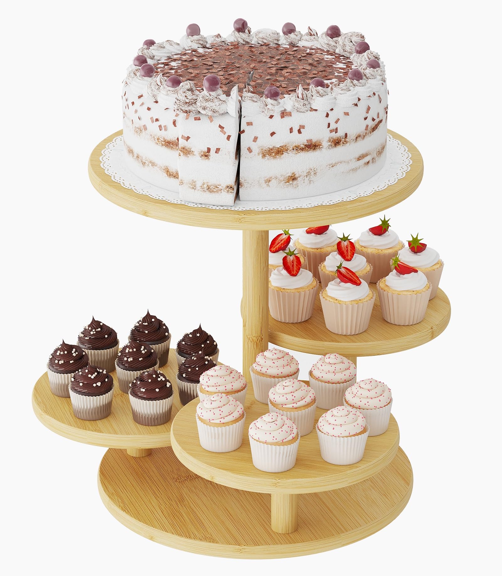 VricccCupcake Stand, 4 Tier Round Bamboo Wood Cupcake Tower Stand for 50 Cupcakes, Tiered Serving Trays, Wood Cake and Cupcake Stand (Natural_Bamboo)