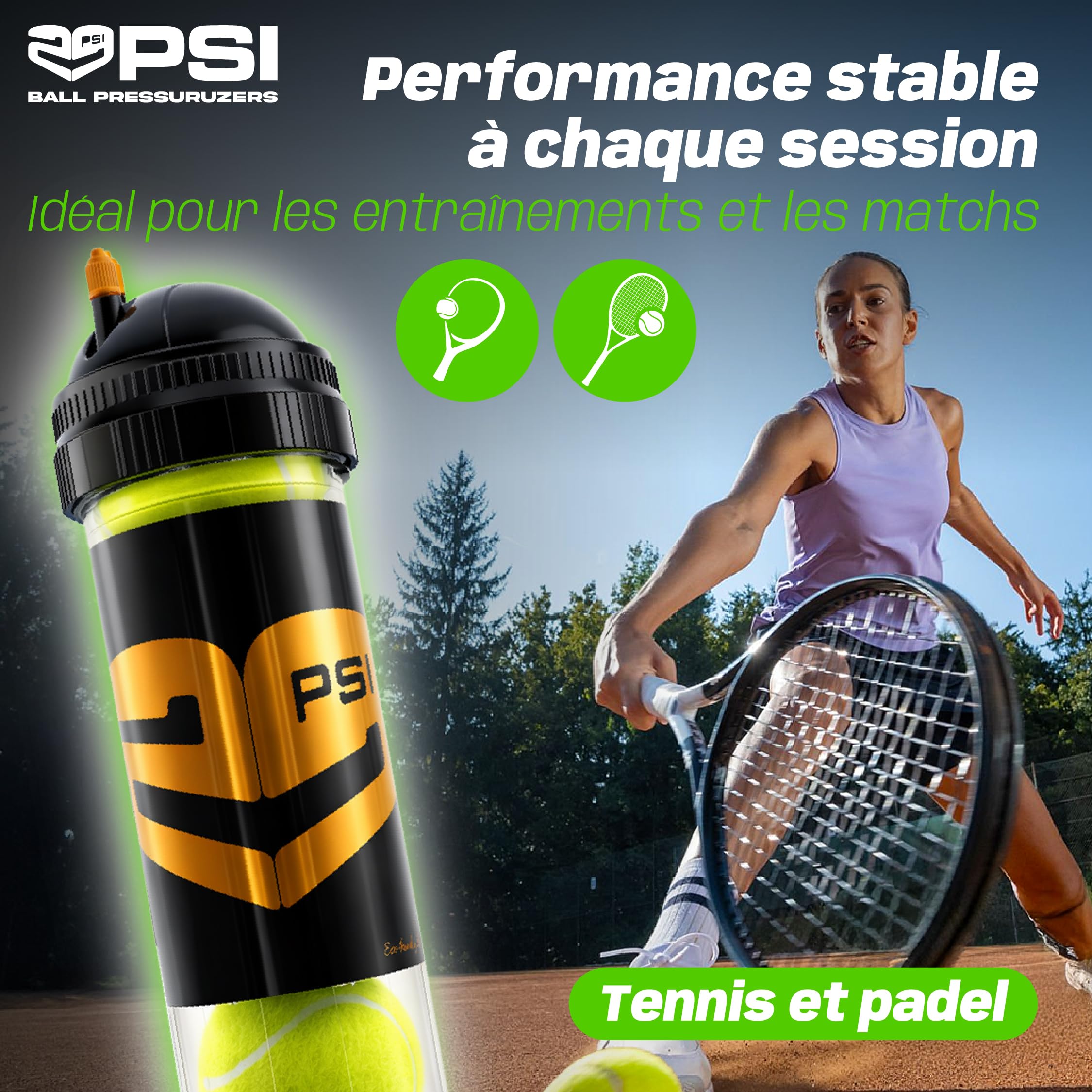 TUBOPLUS 29PSI Pressurisateur de balles de padel et de tennis Maintient la pression et le rebond Pot hermétique pour prolonger la durée de vie des balles