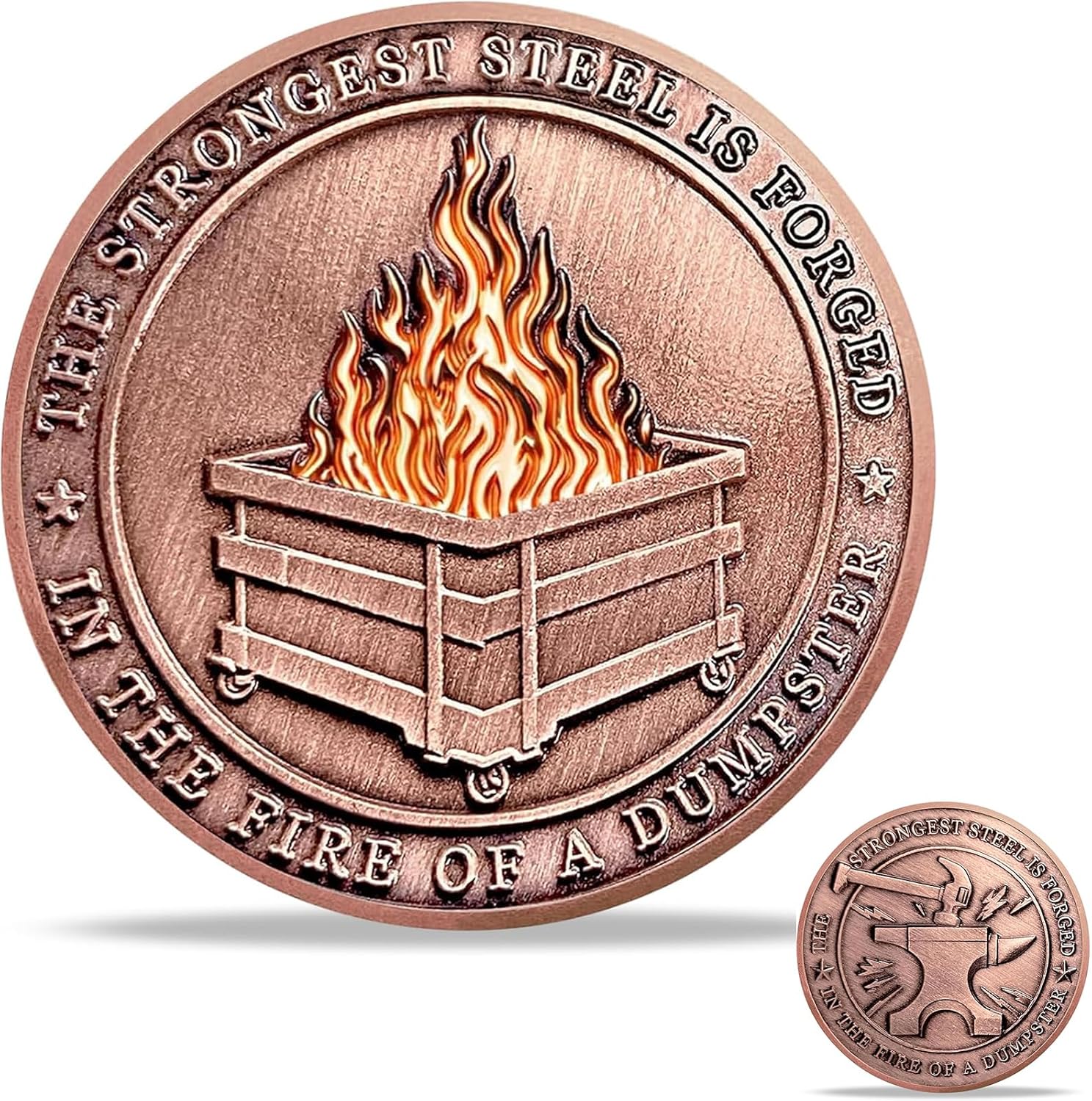 Dumpster Fire Challenge Coin, The Strongest Steel is Forged in The Fire Motivational Token, Funny Gift for Coworkers Friends Collectors, Hilarious Desk Accessories for Tough Days