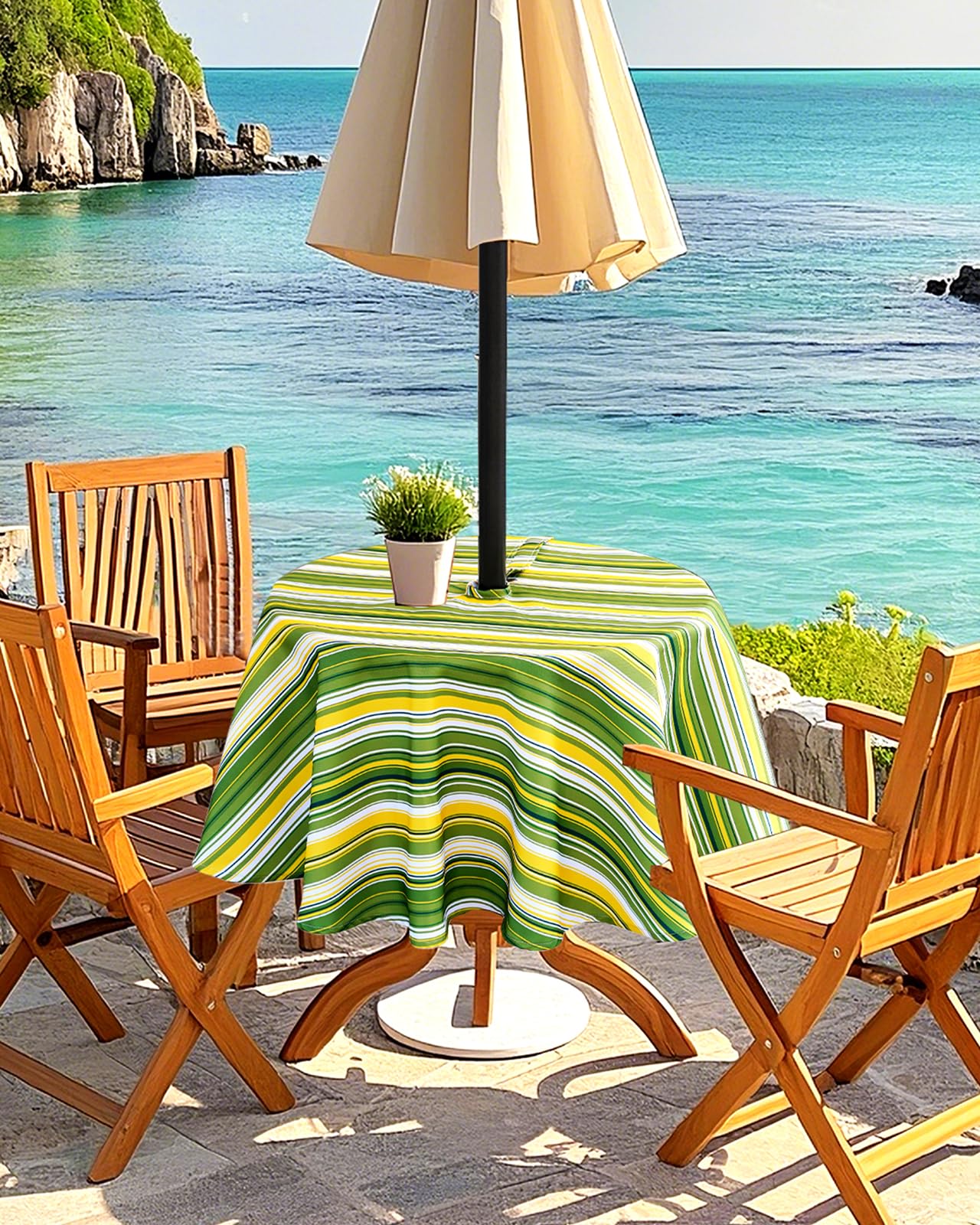Eternal Beauty 52'' Round Tablecloth Waterproof Outdoor Tablecloth with Umbrella Hole Zipper for Spring Summer Patio Picnic Tables, Green Stripe