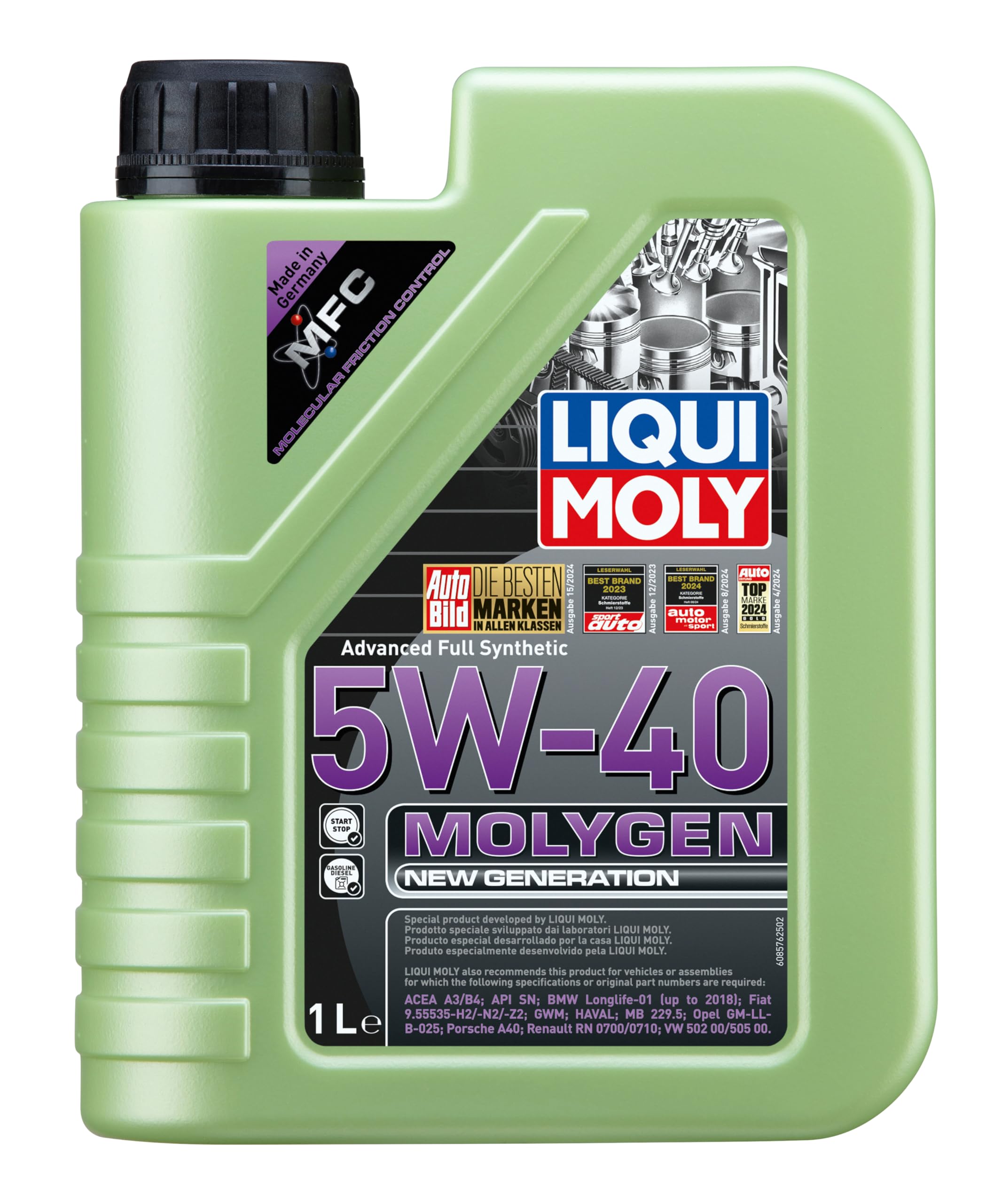 LIQUI MOLY Huile moteur Molygen 5W-​40 ACEA A3/​B4 ACEA A3/​B3 API SN New Generation 1 L Compatible avec VW Golf VII 3/​5 portes 5G1, BQ1, BE1, BE2 Golf IV 3/​5 portes 1J1 Golf V 3/​5 portes 1K1