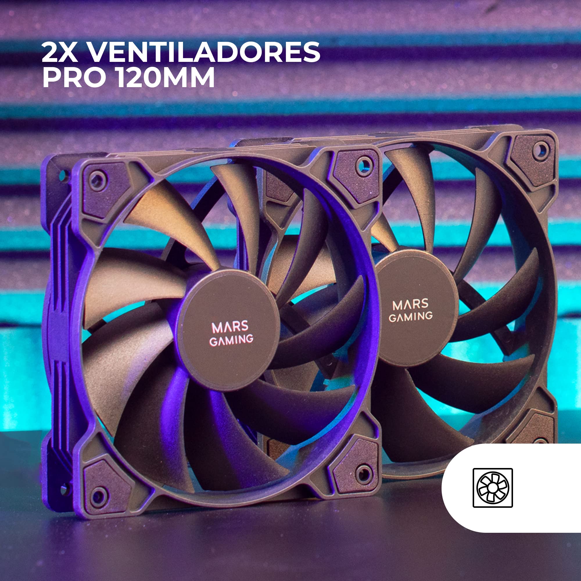 Mars Gaming MF-PROX2, Kit 2x Ventiladores 120mm, Sistema Anti-vibraciones, Ultra-silenciosos, Doble Conexión 3PIN + 4PIN, Negro