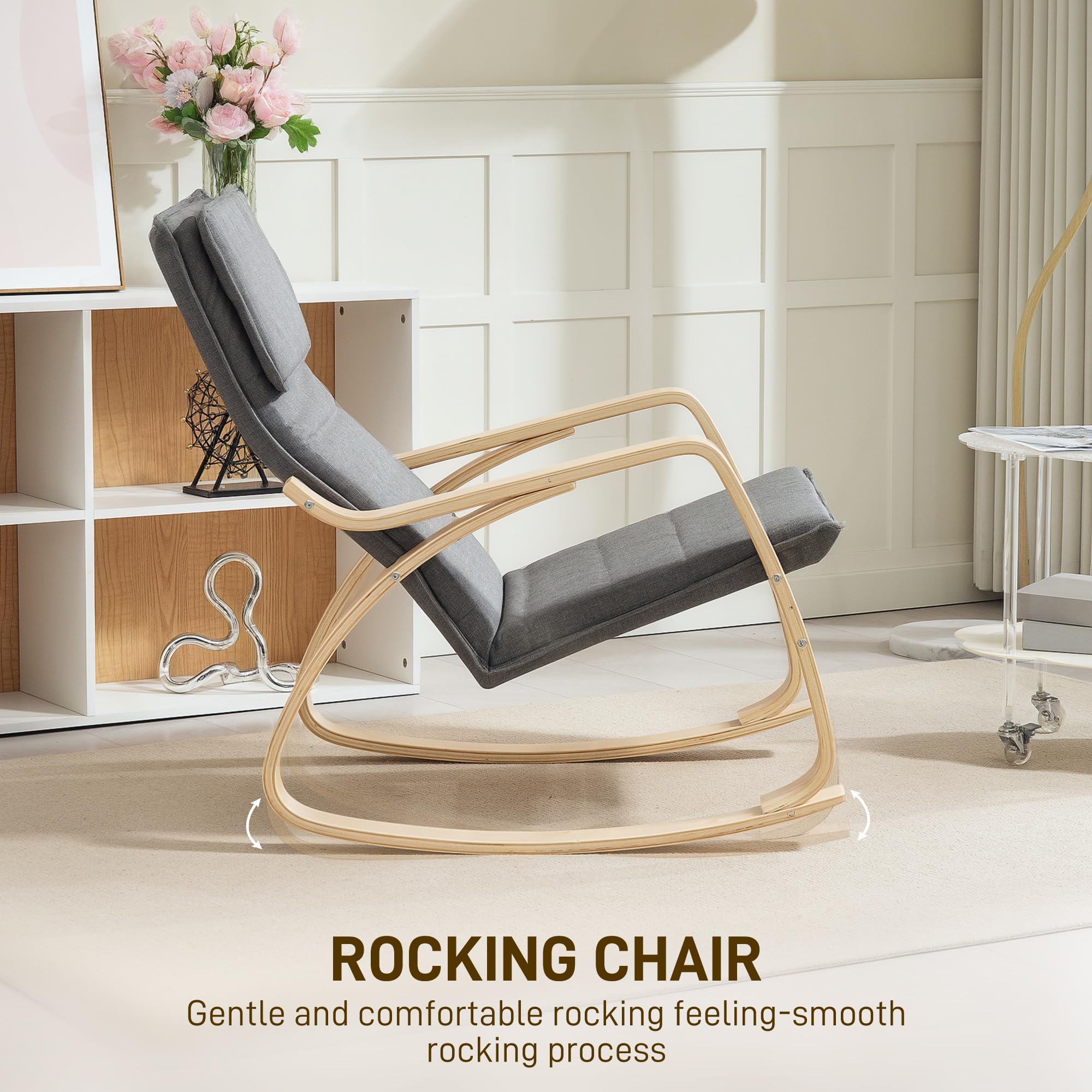 HOMCOM Fauteuil à Bascule Relax, Dossier Haut, Appui-tête, Gris