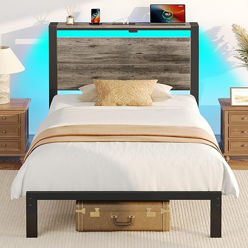 Miniatura 11 de Rolanstar Base de cama tamaño individual con estación de carga, base de cama individual LED con cabecera de almacenamiento tapizada, cama de