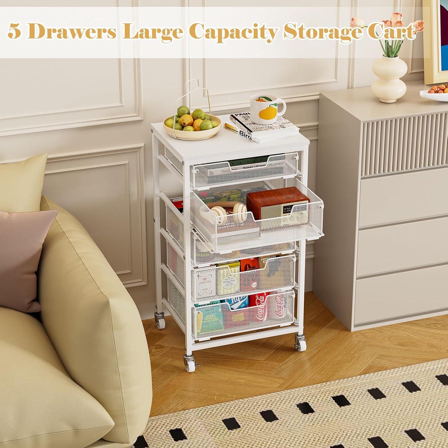 Utility Cart with 5 Drawers, Rolling Storage Cart with Wooden Tabletop and Lockable Wheels, Storage Drawer Cart Craft Cart for Bedroom, Classroom, Home, Office, White - Image 8