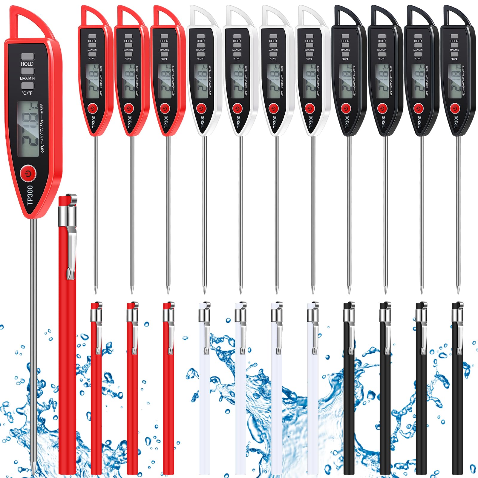 Copkim Termometro digitale impermeabile per acqua, liquidi, candele e carne, con sonda lunga, lettura istantanea, per cucina, barbecue, grigliate, caramelle (nero, bianco, rosso)