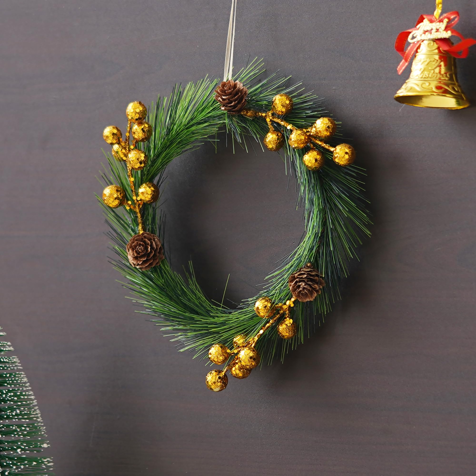 eCraftIndia Green Merry Christmas Wreath with Golden Balls Flowers | Wreaths for Front Door Garland | Xmas Gifts Ornaments Props | Merry Christmas Decorations Items for Home 4