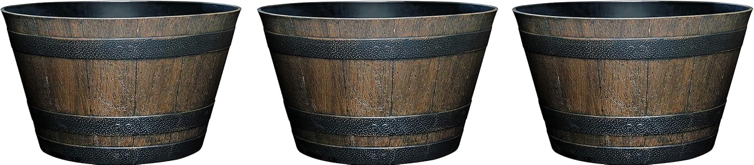 Classic Home and Garden Whiskey Plastic Resin Flower Pot Barrel Planter, Walnut Brown, 20.5 (Pack of 3)