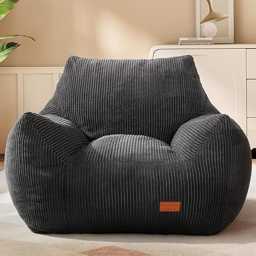 Big Bean Bag Chair for Adults & Kids, Stuffed BeanBag Floor Sofa for Napping, Gaming, Lounging, Ultra Soft Living Room Bean Bag with Armrests, Dark Gray