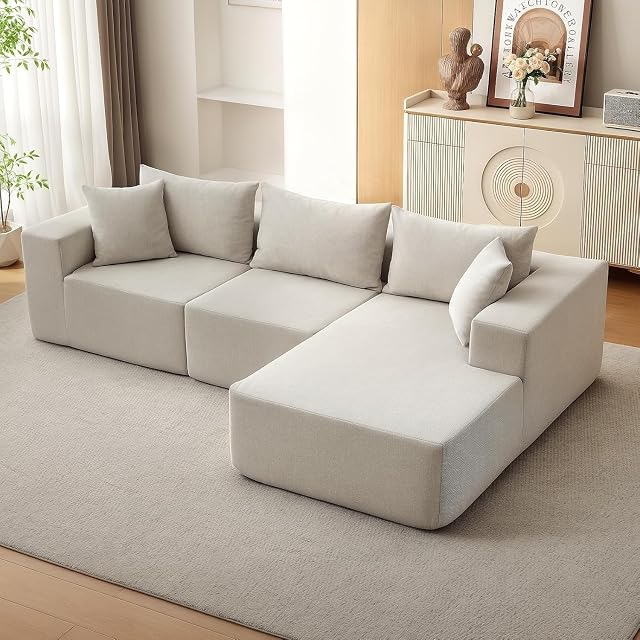 GarveeLife Soft Modular Cloud Sectional Sofa – 108" Boneless L-Shaped Couch Bed with Chaise – Cozy Corduroy, No Assembly – Living Room – Beige, Right Noble Consort