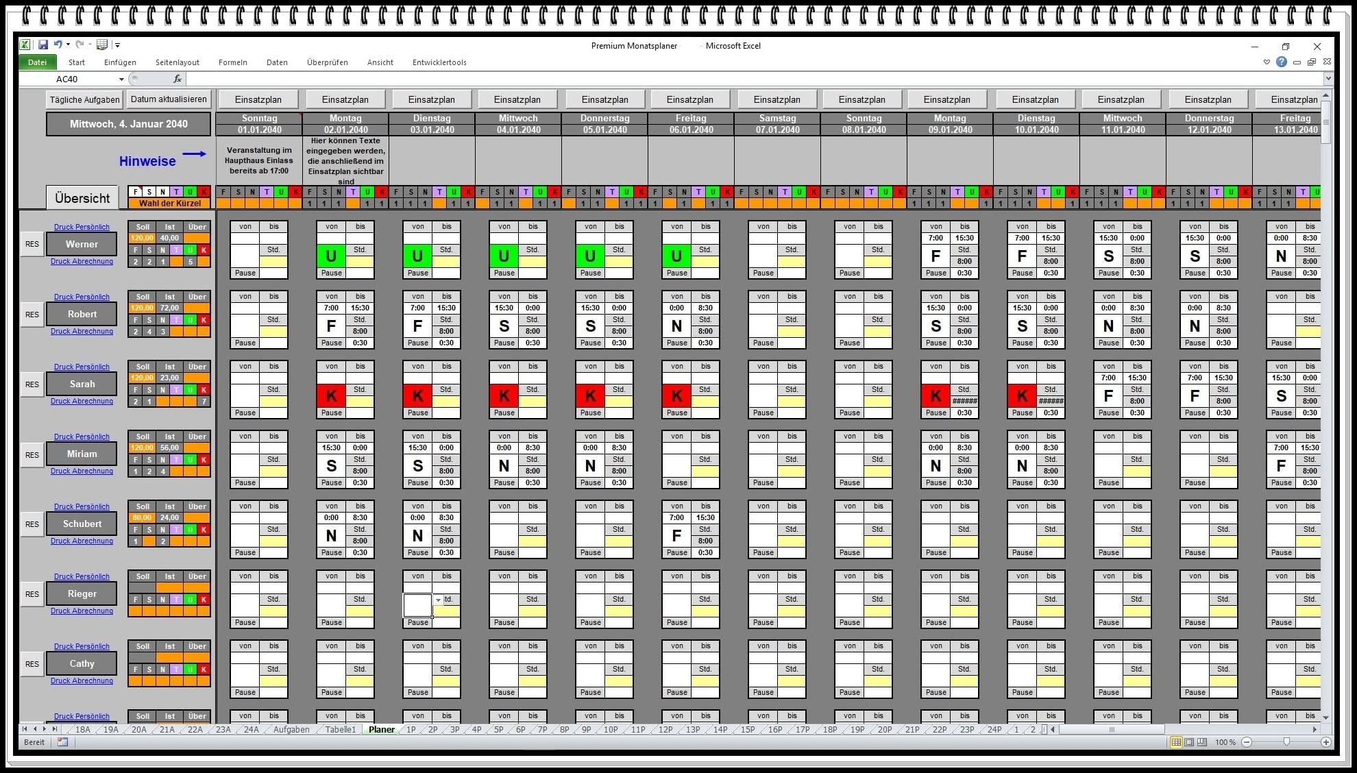 Elektronischer digitaler Dienstplaner Monatsplan Schichtplaner Excel Software mit Lohnabrechnung