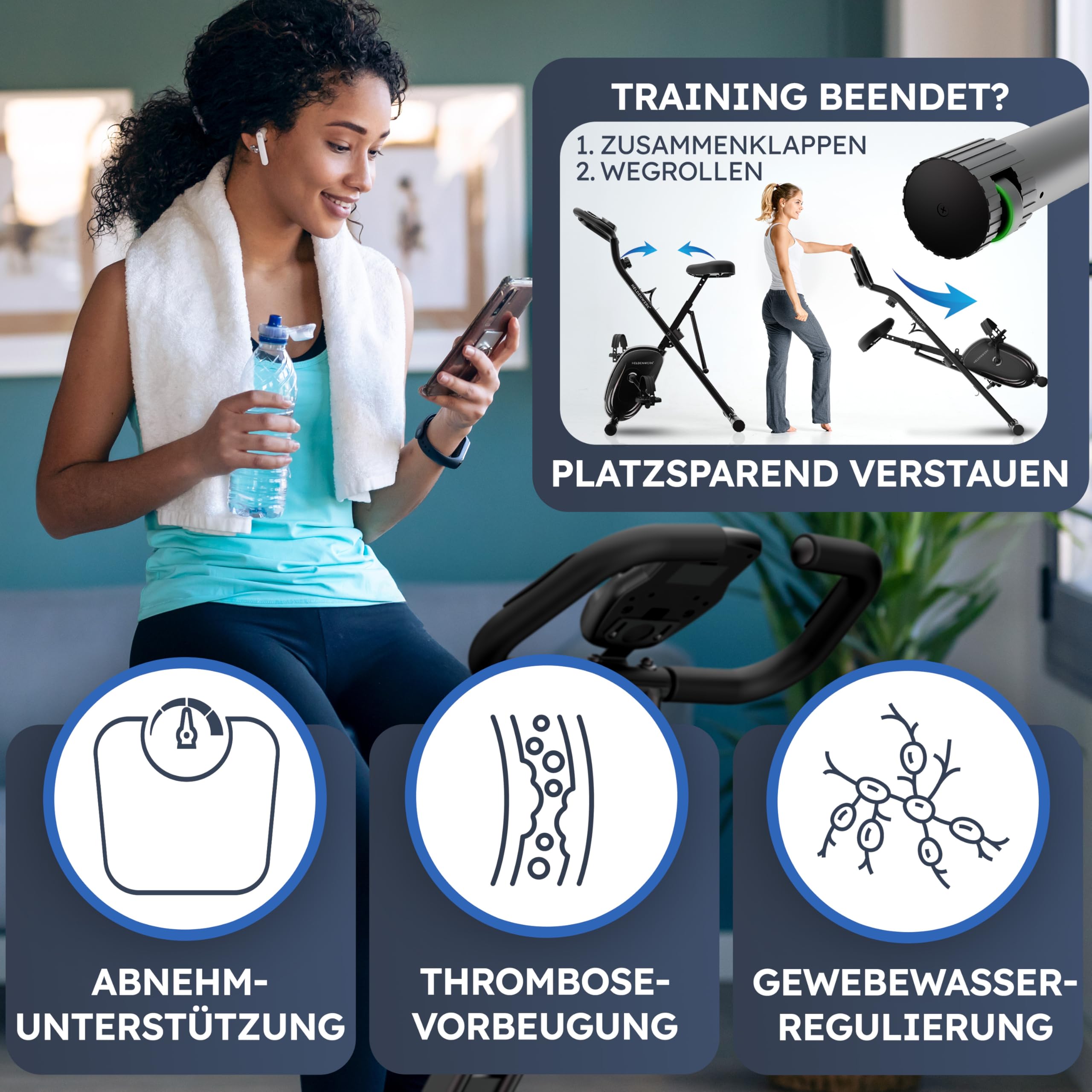 HELDENWERK Cyclette pieghevole set extra comodo e silenzioso [FlexiFoam] portata fino a 150 kg, ergometro, cyclette, cyclette, per anziani, fitness, per la casa