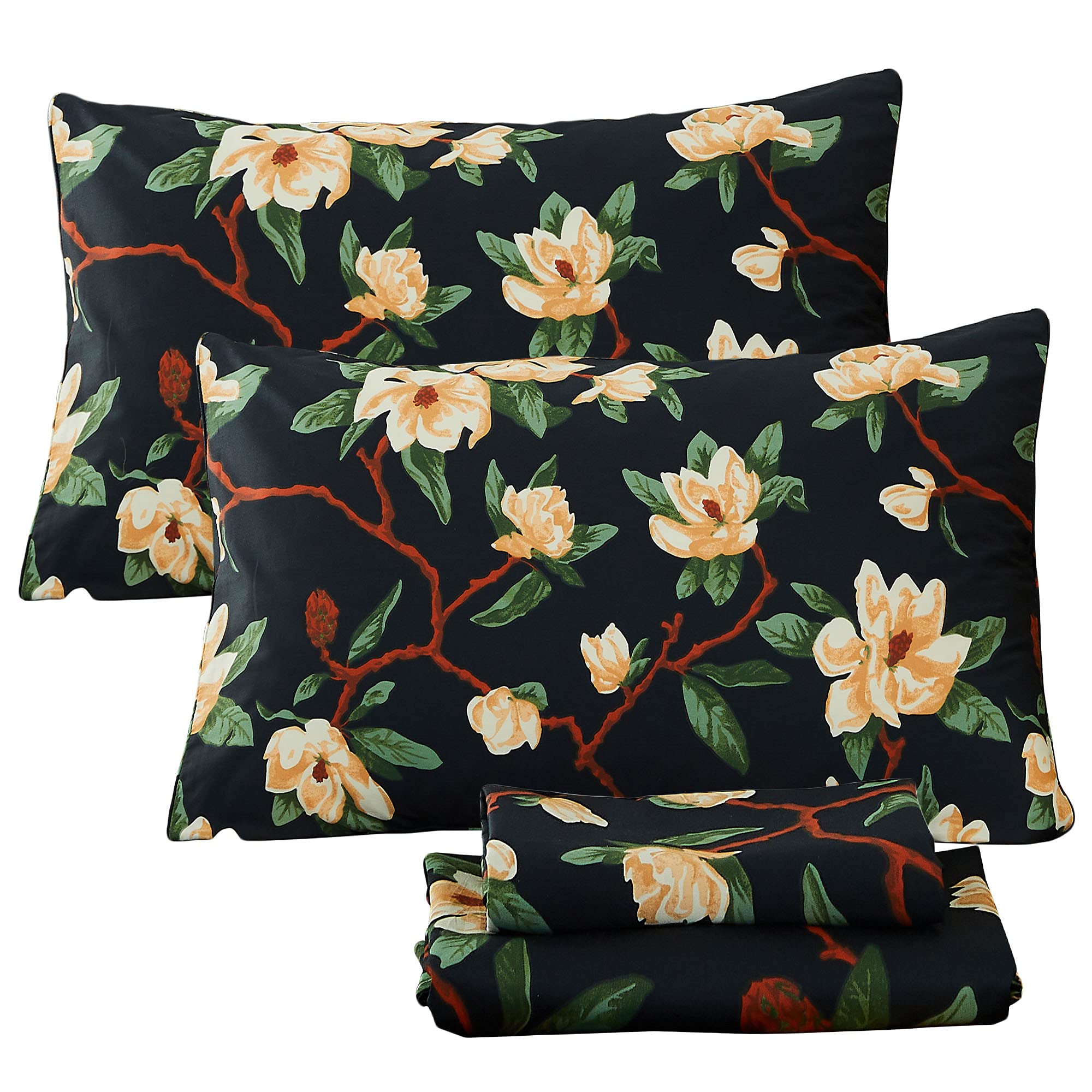 FADFAY Sheets Set Cal King Shabby Black and Yellow Floral Bedding Elegant Peony Sheets Vintage Farmhouse Bedding 100% Egyptian Cotton 800 Thread Count Deep Pocket Fitted Sheet, 4Pcs-California King