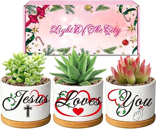 Paquete de 3 macetas para suculentas, regalos cristianos, maceta de cerámica de 3.2 pulgadas con bandeja de bambú, regalos religiosos, regalos