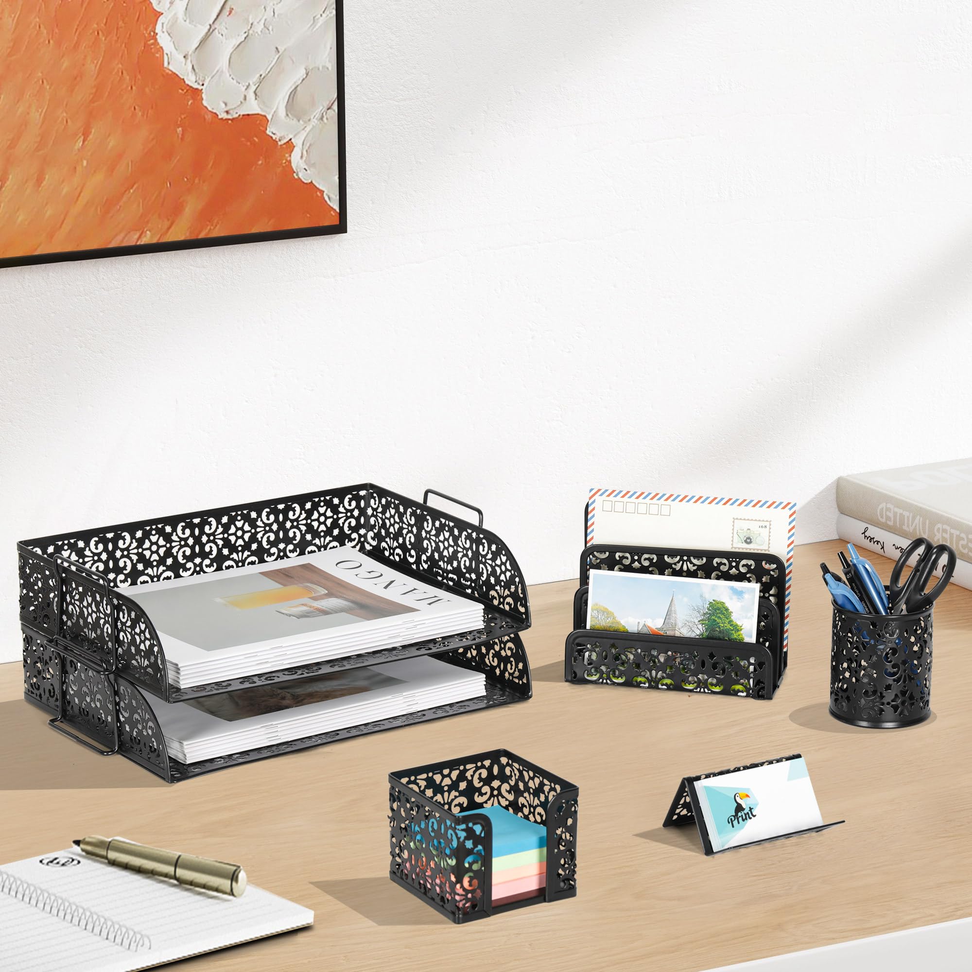 EasyPAG Set di 5 accessori da scrivania, vassoio da scrivania a 2 livelli, selezione di lettere, portapenne, porta biglietti da visita e porta banconote, nero
