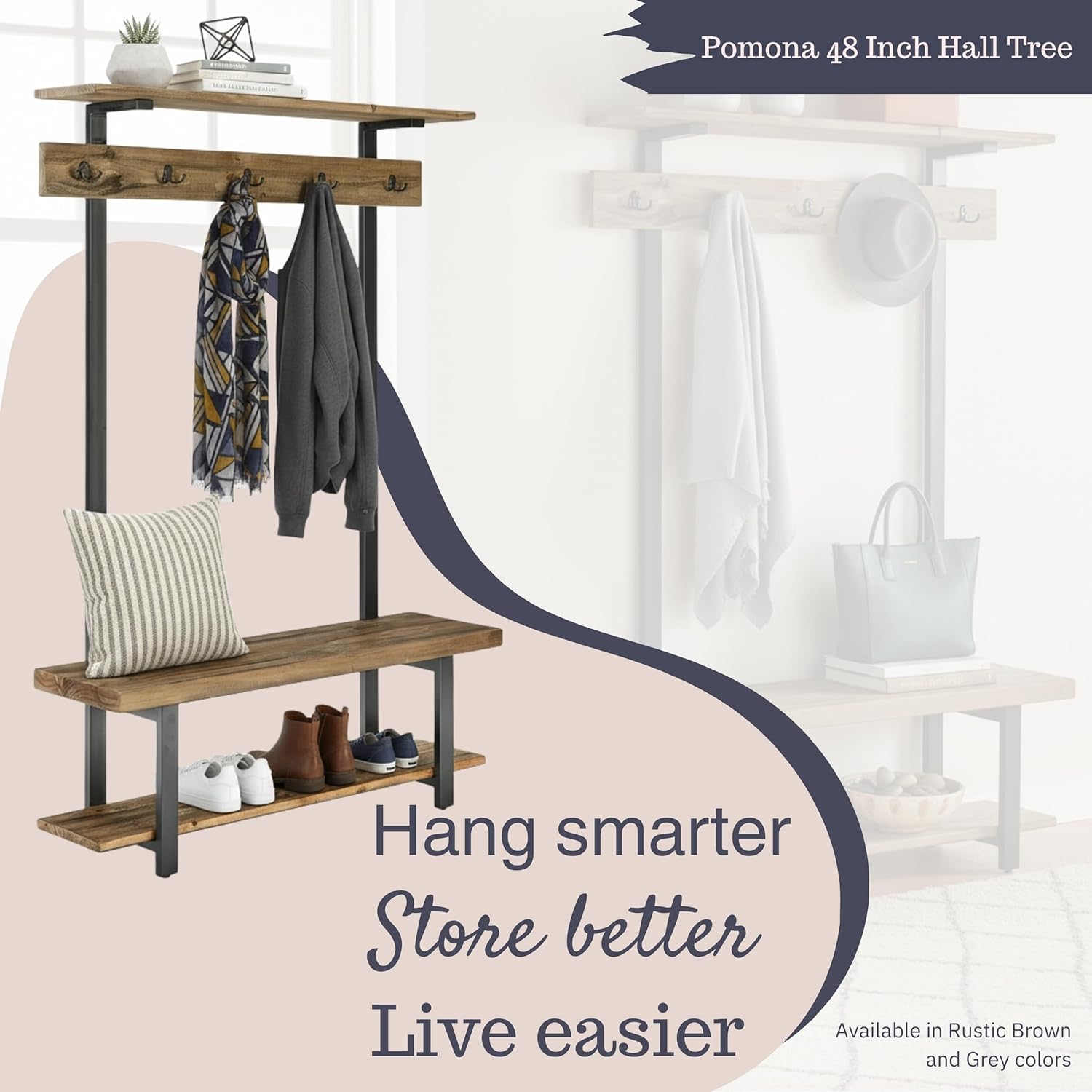 Alaterre Furniture Pomona Entryway Organizer – Modern Farmhouse 48-Inch Solid Wood Hall Tree with Bench, Shelves & Metal Coat Hooks – Mudroom & Foyer Storage for Jackets, Bags & Shoes (Rustic Brown)