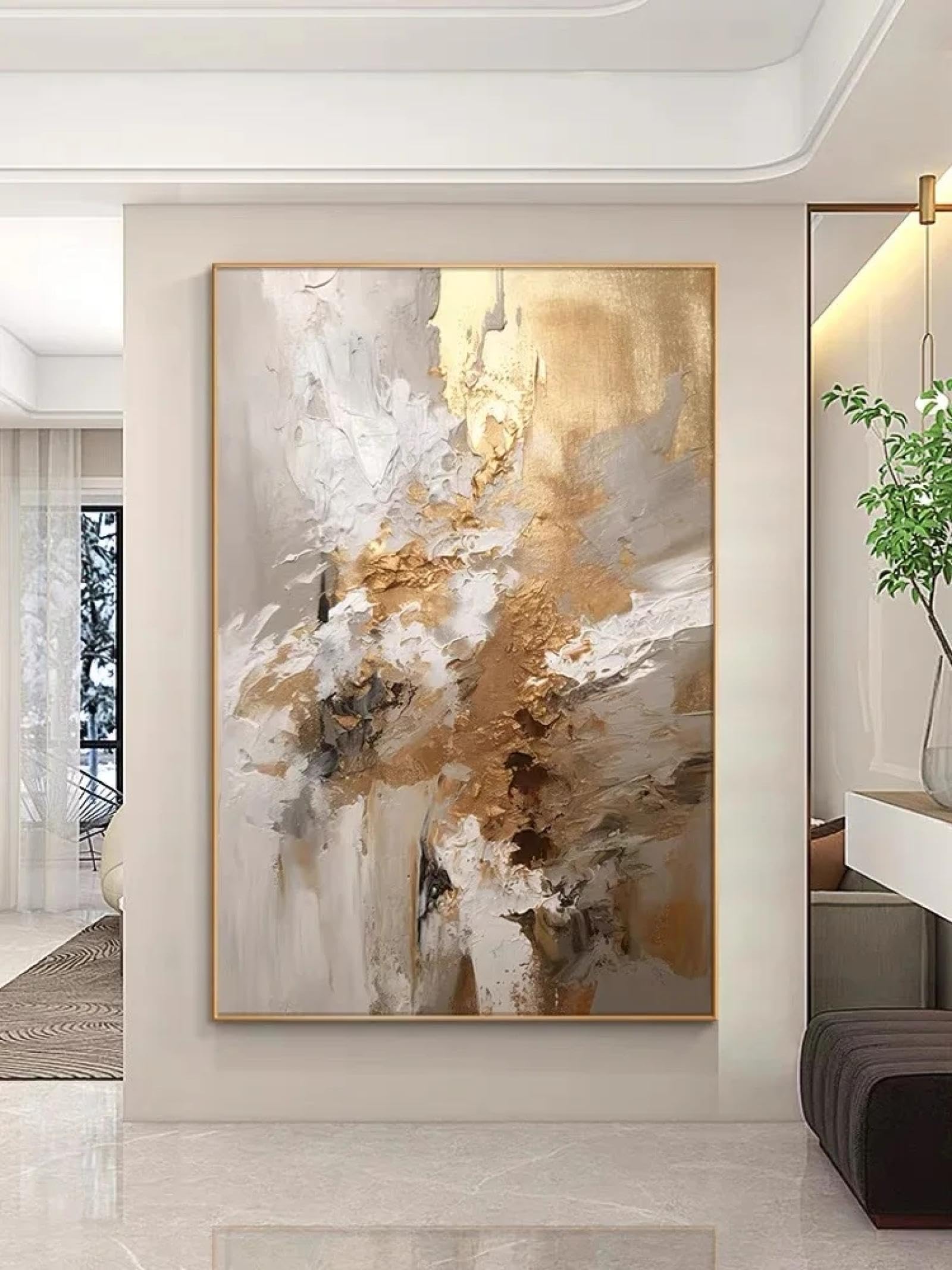 Holeiluck With Golden Frame Gold Foil Painting Modern Home Wall Picture Living Room Pictures For Walls Abstract Modern Framed Canvas Wall Art 80X105cm/31X41inch With-Golden-Frame