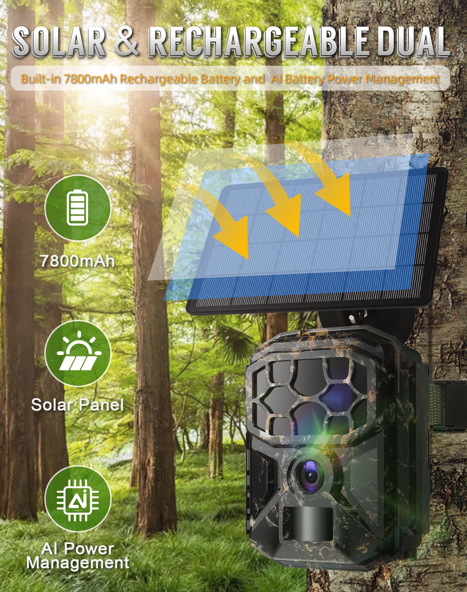Fototrappola - Solare 8K 60MP WiFi fototrappola, attivazione da movimento in 0,1 secondi, raggio di rilevamento di 20 metri, visione notturna HD senza emissione di luce, impermeabile IP66, scheda di m