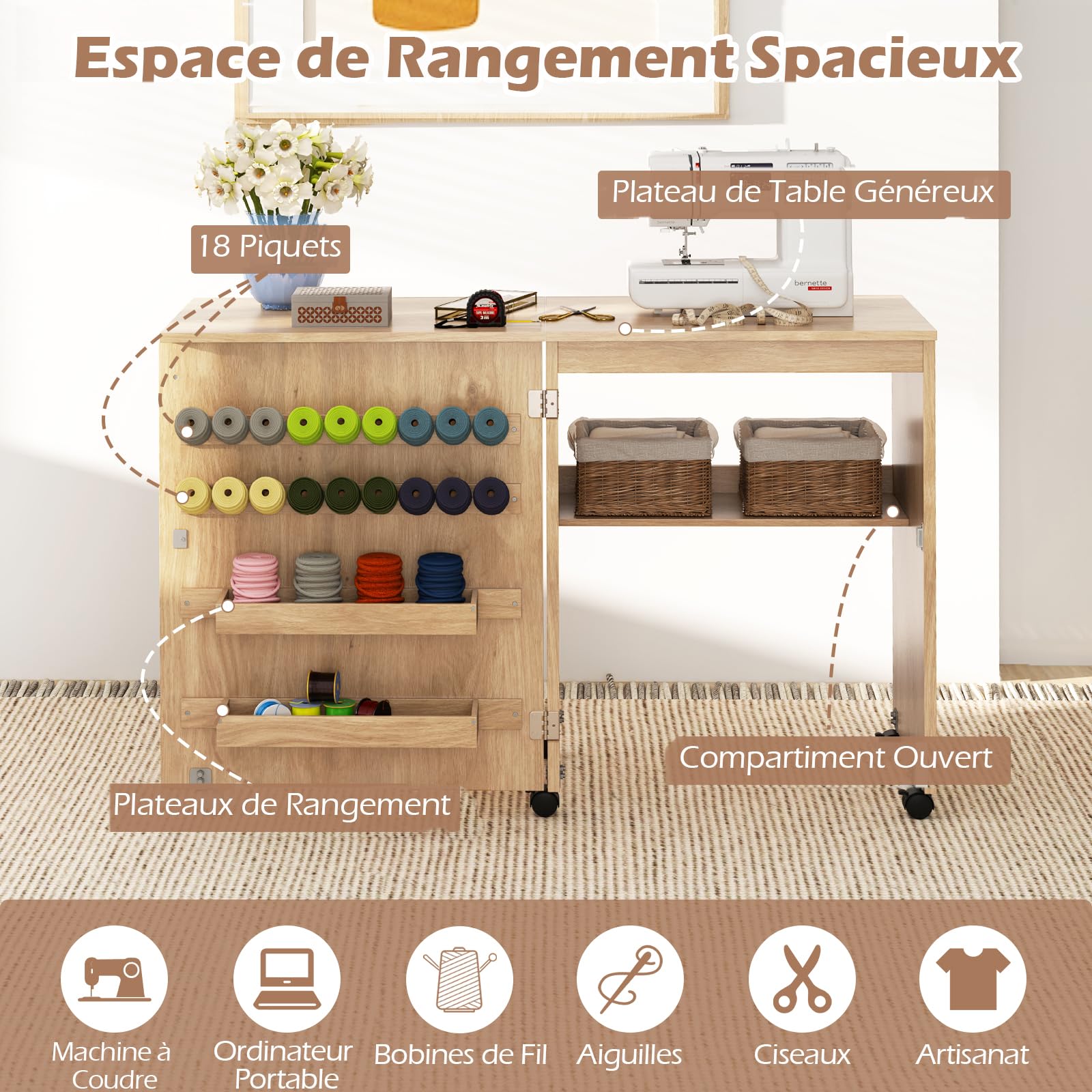 RELAX4LIFE Table de Couture Pliante avec 3 Compartiments, roulettes Verrouillables, Etagère de Rangement, Armoire pour Machine à Coudre Peu Encombrante pour Aiguilles Fils et Ciseaux (Naturel)
