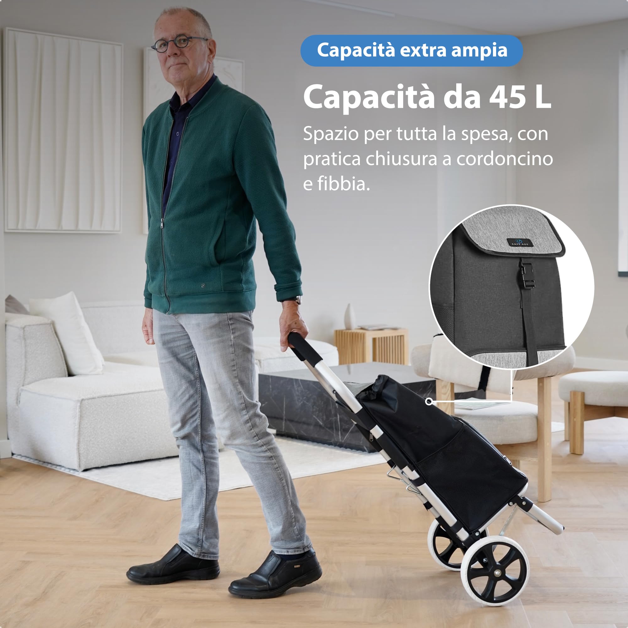 Safe Age Carrello Spesa con Ruote - Trolley Pieghevole da 45 Litri con Vano Frigorifero e Funzione Portatutto - Grigio