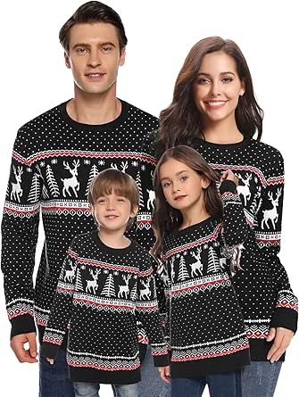 Aottori Christmas Jumpers for Women UK Men Xmas Jumper Novelty Reindeer Christmas Sweater Long Sleeve Knitted Pullover Sweatshirt Tops for Family Adult Couples Kids