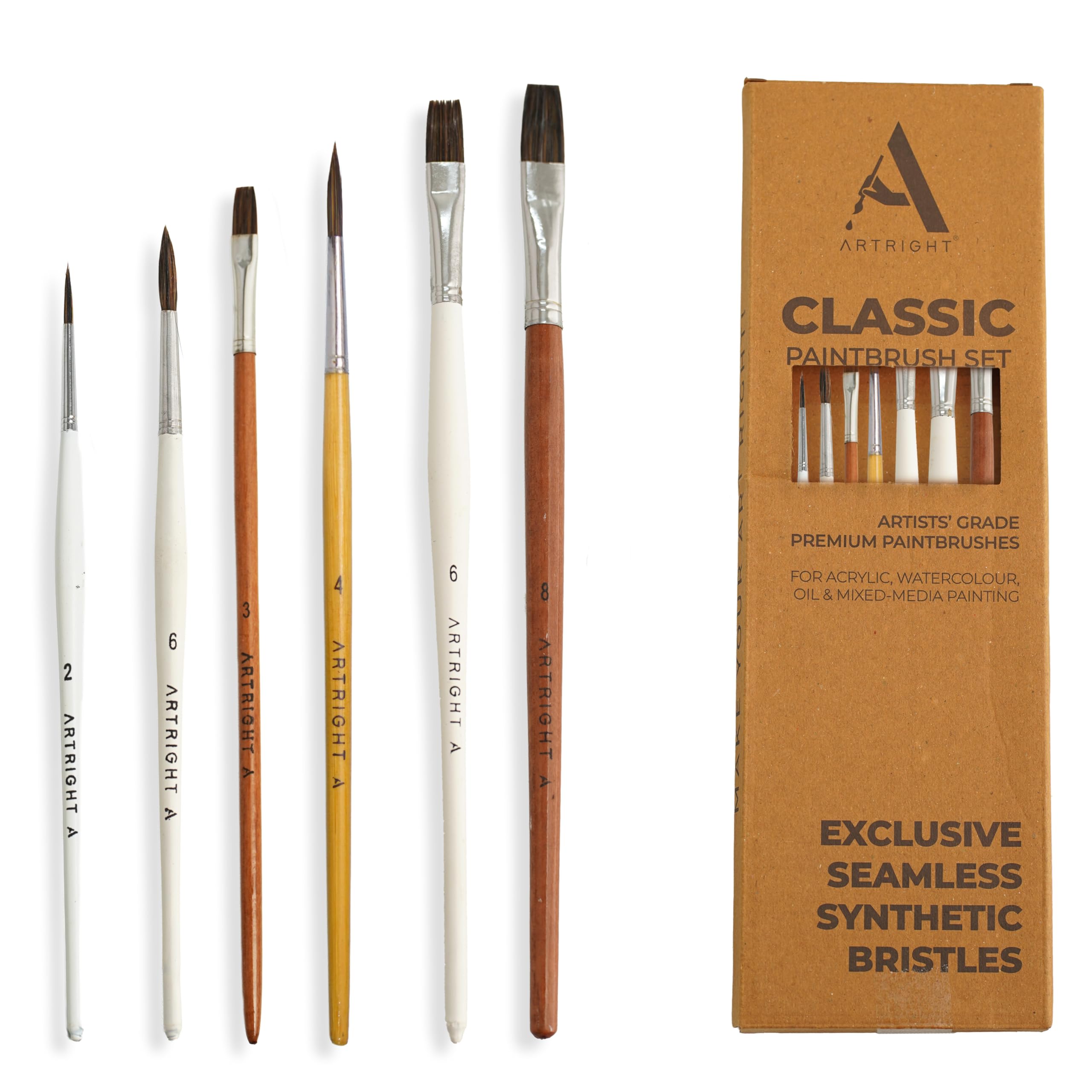 ArtRight Classic Flat + Round Paint Brush Set of 6 – Professional Artist Painting Brushes with ArtiFlex Filaments for Acrylic, Watercolor & Gouache Painting