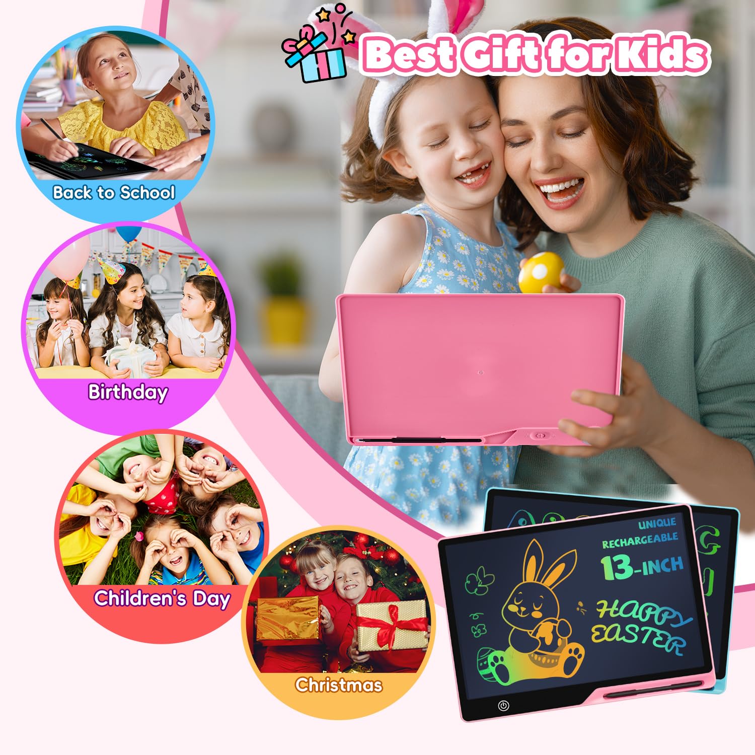 Tavoletta Grafica Bambini LCD 13 Pollici Ricaricabile, Lavagnetta Cancellabile Bambini Portatile, Pittura e Liste Memoria Lavagna per Bambini Regalo Bambini Educativi Giocattoli
