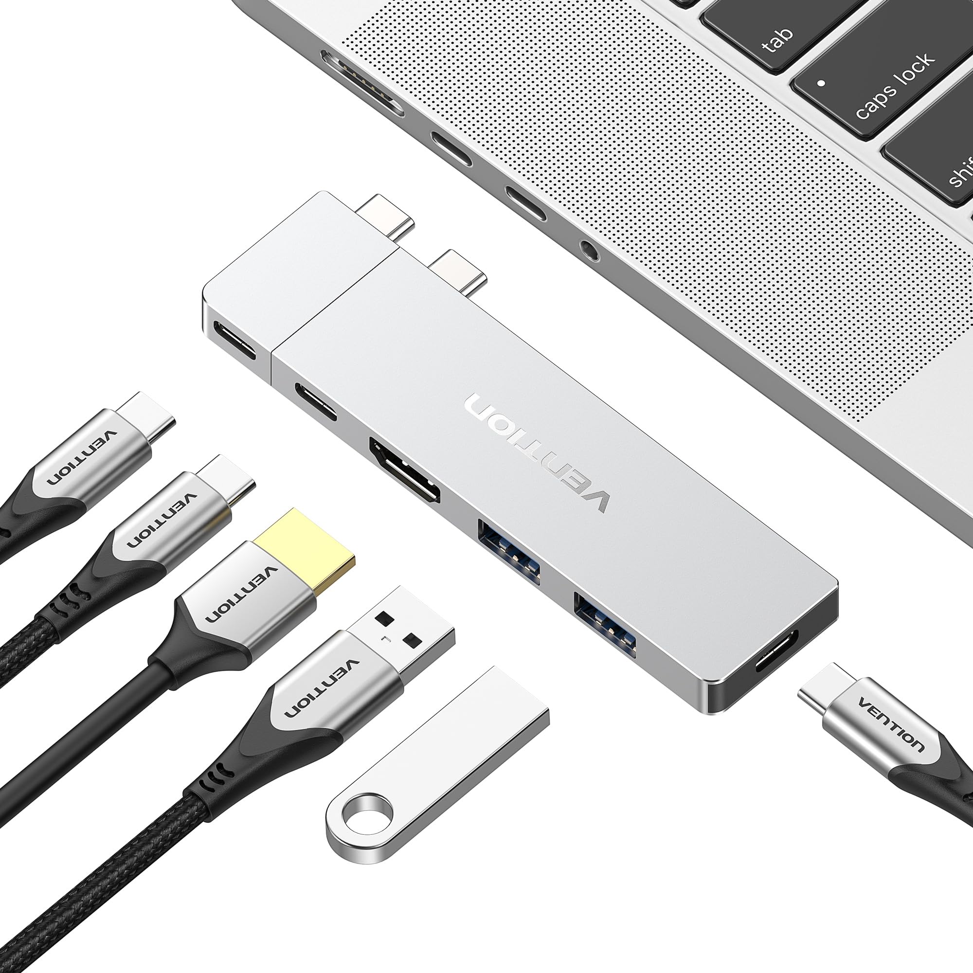 VENTION MacBook USB Adapter, 6-in-2 Mac Hub with Dual USB C, Removable Magnetic USB-C Connector, PD 140W / 8K @ 240Hz / 80Gbps Max, Compatible with All Laptops/iPads, Silver