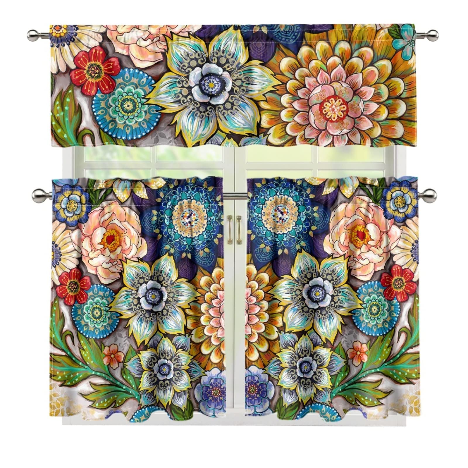 Dreaweet Boho Curtains Mandala Floral Print Kitchen Tier Curtains and Valances Set - 36 Inch Length, 3 Panels Set, Blackout Window Curtain for Living