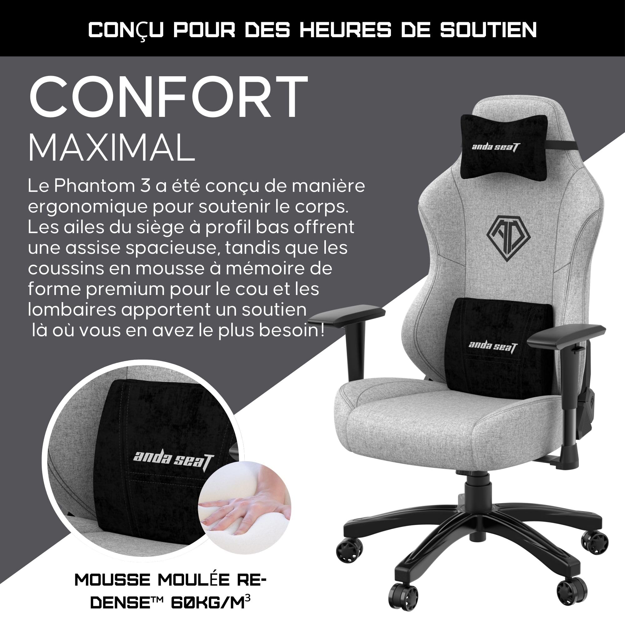 Anda Seat Phantom 3 Grande Chaise Gaming en Tissue Gris – Fauteuil Gaming Adulte, Accoudoirs Réglables 2D, Grande Coussins pour la Tête et Les Lombaires – Chaise Gaming Ergonomique pour La Bureau
