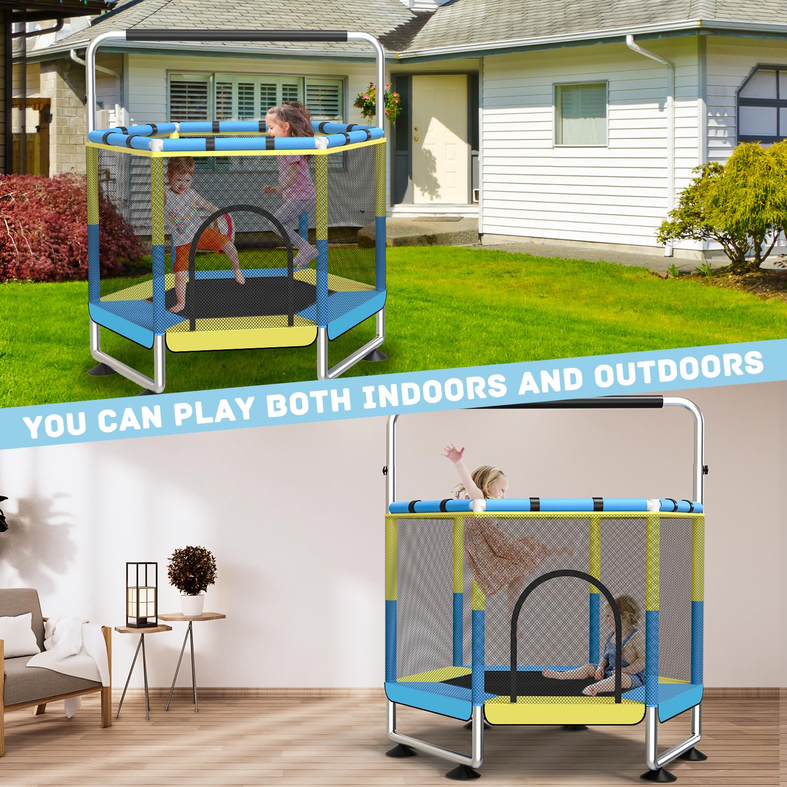 Trampolin Kinder, 150cm Kinder Trampolin Outdoor/Indoor, 200 kg mit Sicherheitsnetz, verbesserte Ringbeine mit Verstellbarer Turnstange, Geschenke für im Alter von 1 bis 8 Jahren