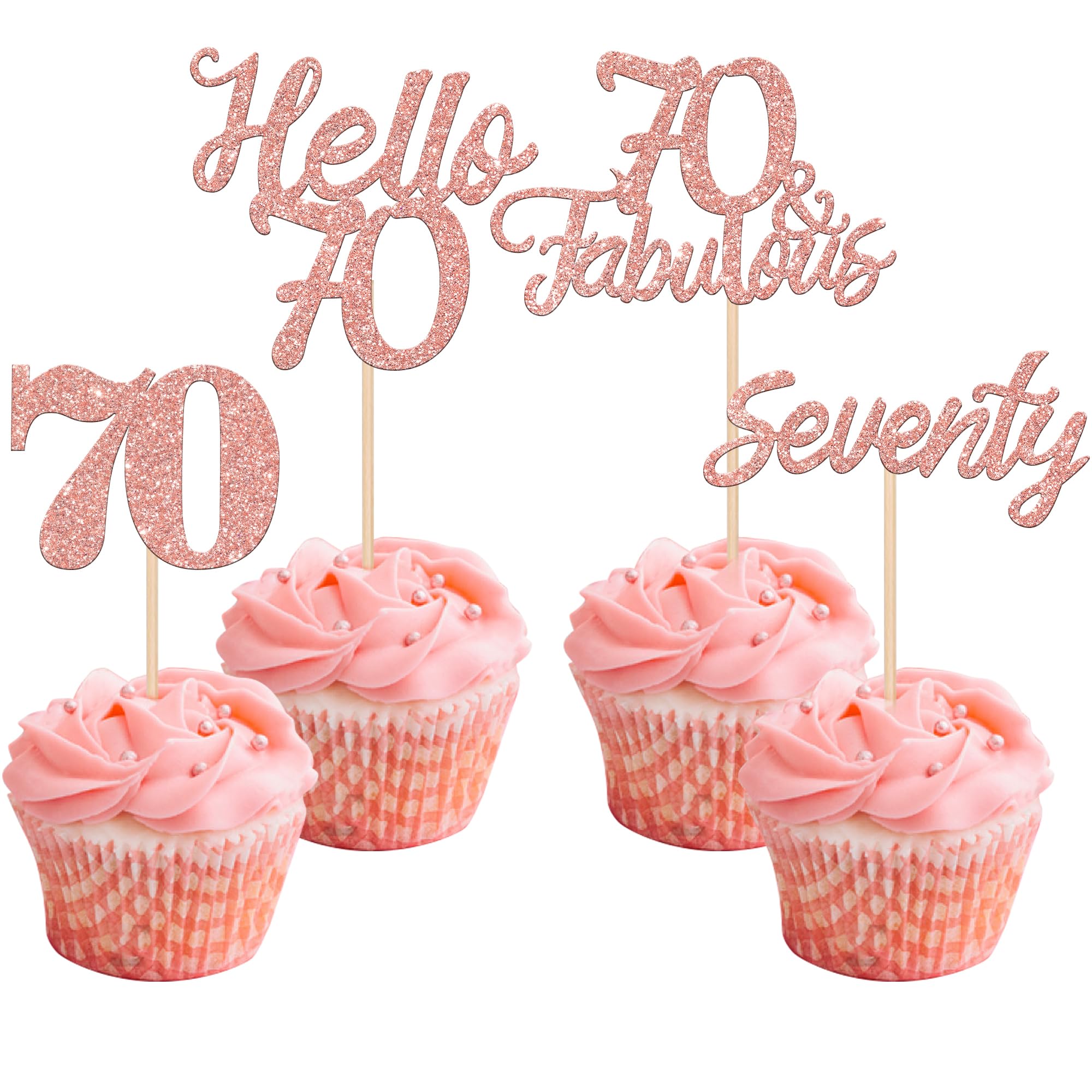 24 PCS 70th Birthday Cupcake Toppers Hello 70 Seventy 70 & fabulous Cupcake Picks 70th Birthday Cake Decorations Supplies Rose Gold