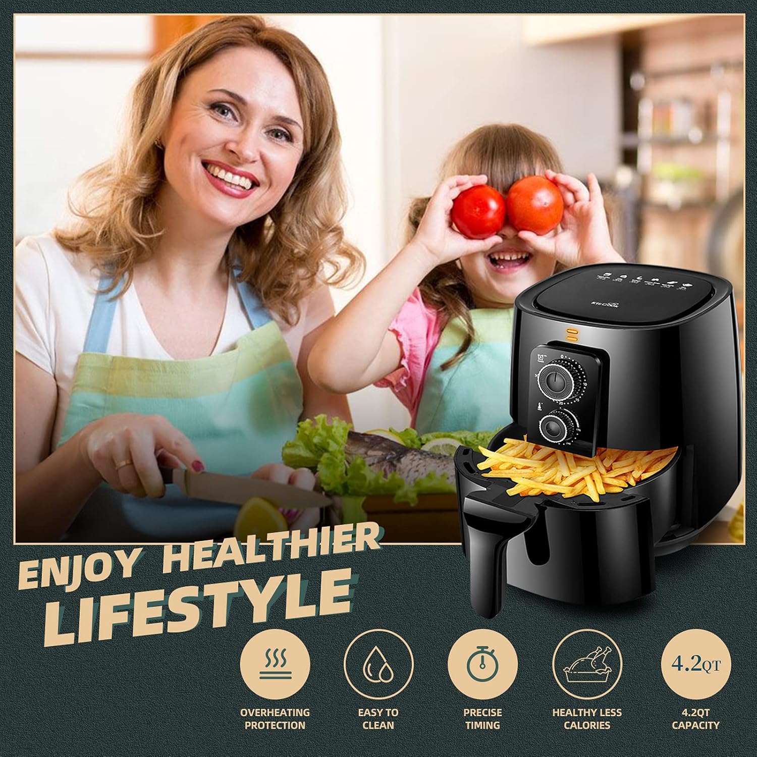 Flash Deals - 70% OFF KitCook Air Fryer Oven, 4.2 Quart Healthy Oil-Free Air Fryer, Electric Vegetable Air Fryer Easy Operation with Simple Knob Controls for Frying, Roasting, Grilling, Baking, Tray & Food Tong Included