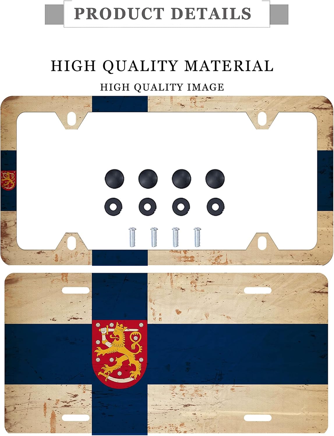 The National Flag of Finland Country Signs with Emblem Rust Retro Shield with Black Nut License Plate Frame for Personalized Car Decoration/Plate and Frame Plate and Frame