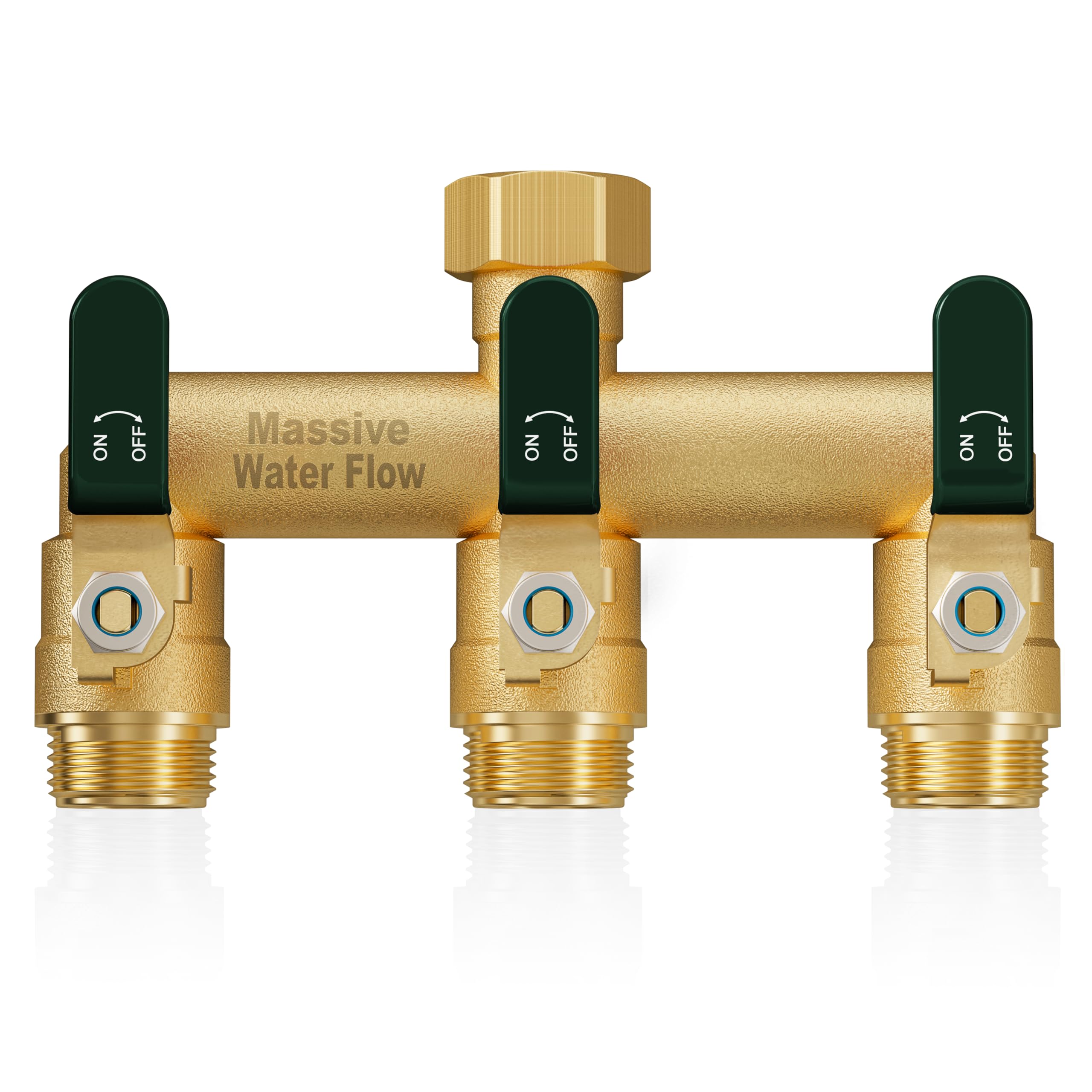 HugWaFlw 3-way Garden Hose Splitter, Outdoor Tap Splitter, 3/4 Inch Tap Connector, Solid Brass Large Flow Hose Splitter 3-way, Enables Four-way Diversion of The Water Tap-Green Grip