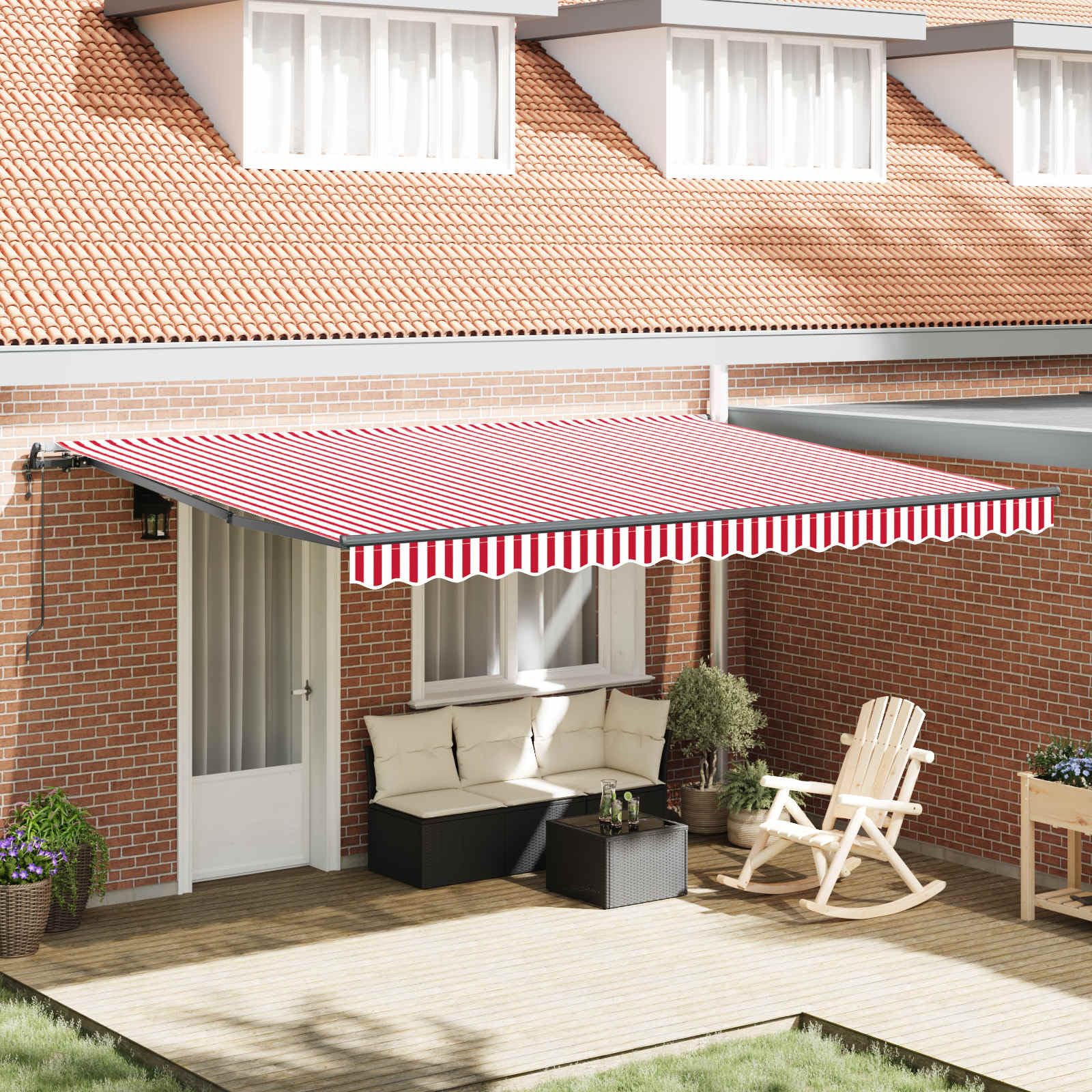 Gelenkarmmarkise Einziehbar Rot Weiß 450 x 350 cm | Stabiler Schattenspender mit Fernbedienung und robustem Gestell aus Aluminium für den Außenbereich im Garten.