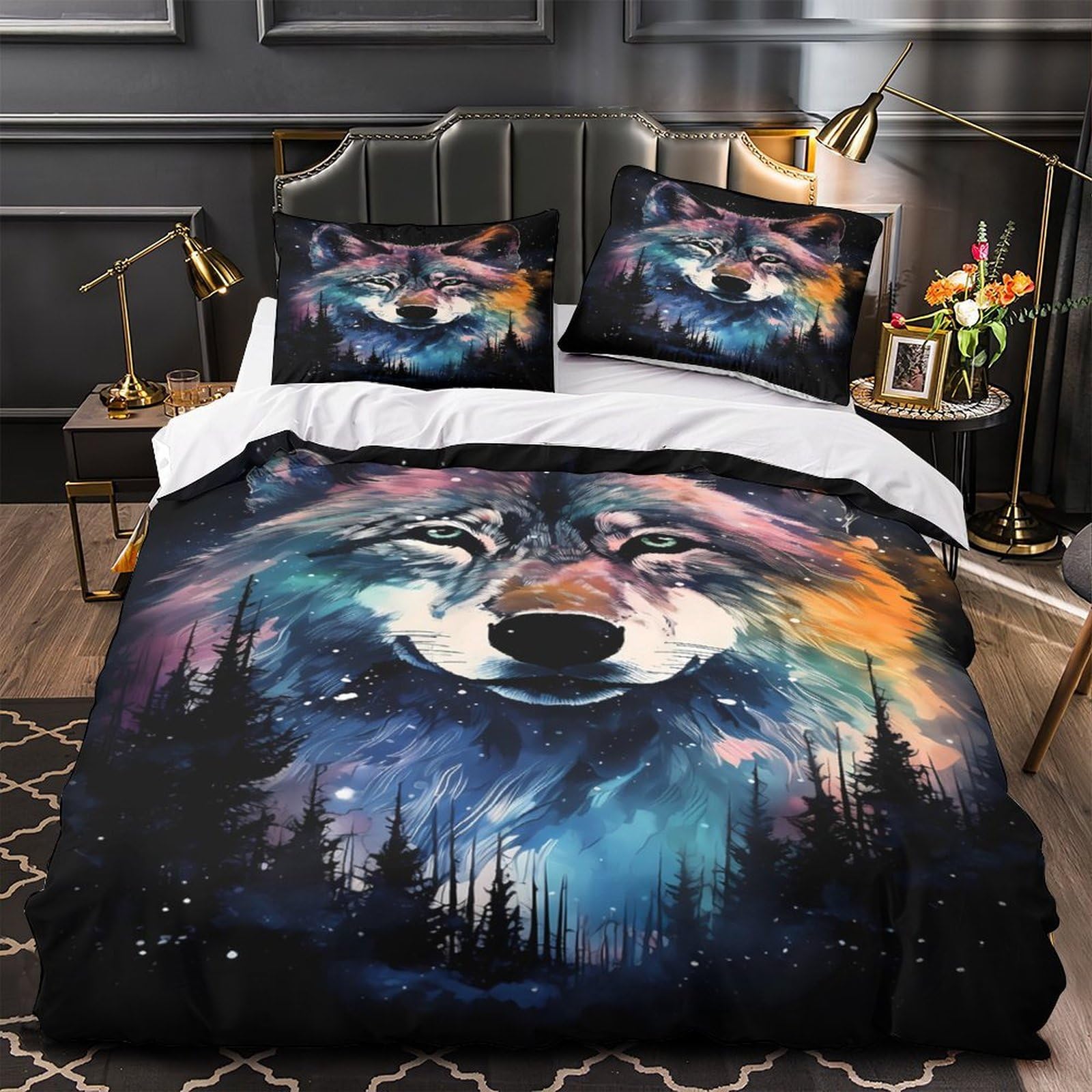 Wolf Portrait Comforter Cover 3D Print Luxury 3 Pcs Bed Set Hidden Zipper Fantasy Art_1 Quilt Cover Hypoallergenic All Season for Women Teens Kids Girls Boys Youth Teenagers Single（135x200cm）