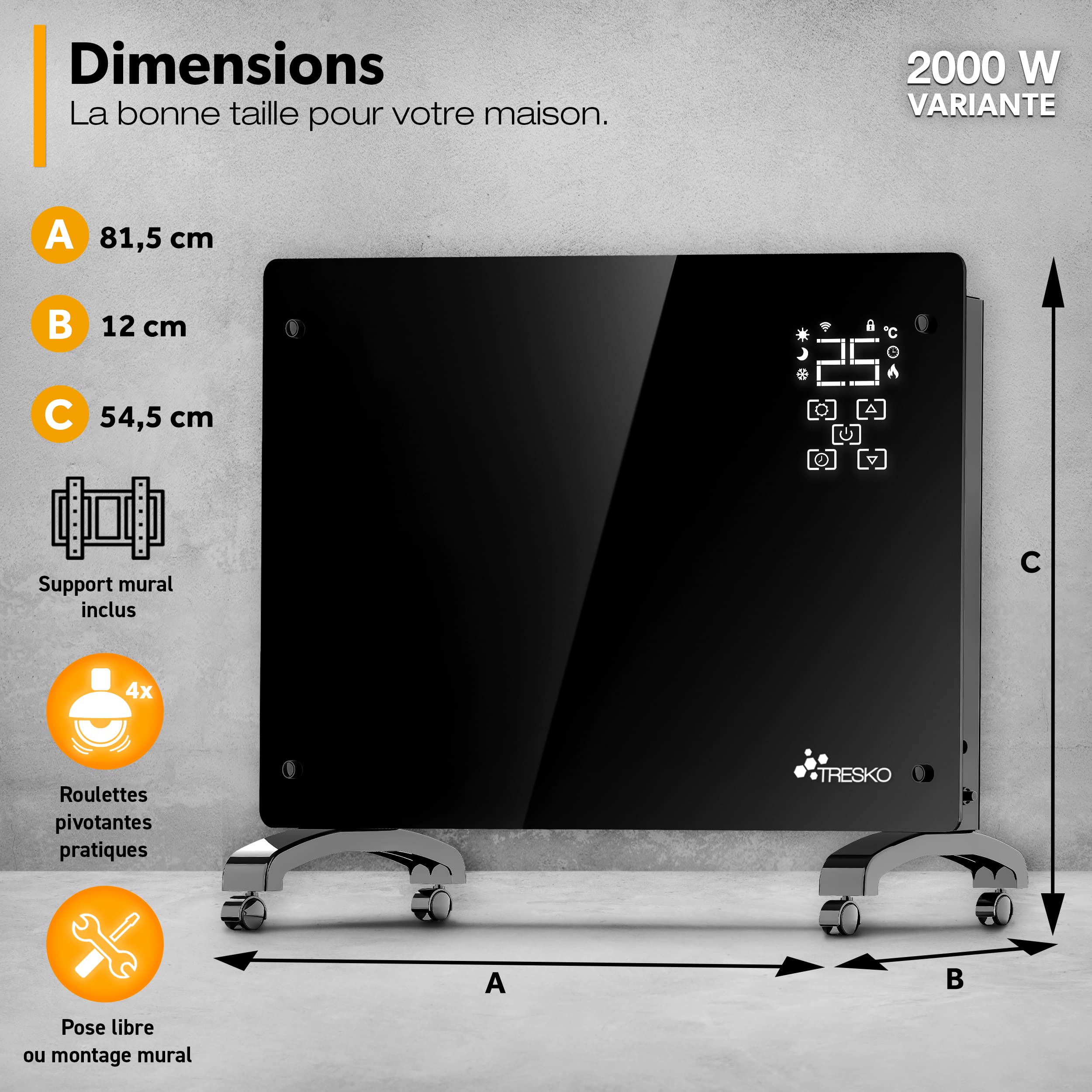TRESKO® Radiateur Electrique Mobile avec APP & WiFi | Chauffage Electrique Mural Intelligent | Convecteur | Radiateurs Electriques chauffage au sol ou mural (Noir / 2000 W)