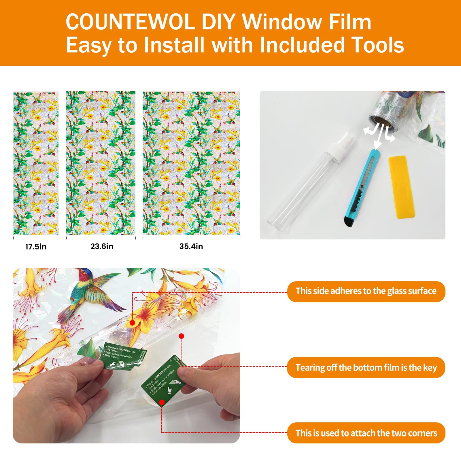 COUNTEWOL Bunte Sichtschutzfolie mit Vogel- und Blumenmuster, Buntglas-Fensterfolie, Regenbogen-Fensterfolie, nicht klebend, wiederverwendbar, dekorativ für Zimmer, Kolibriblüte, 44,5 x 499,8 cm