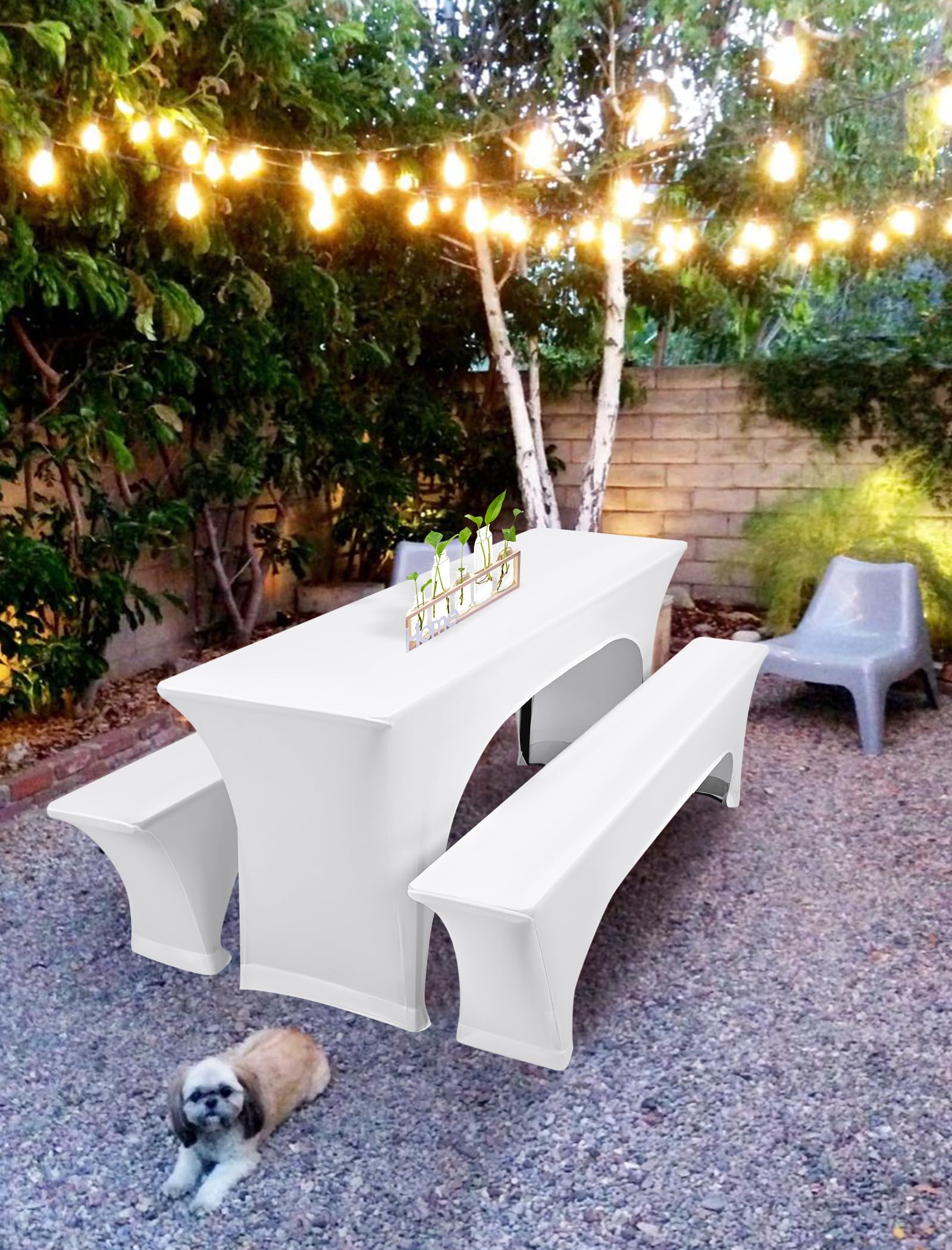 Set di 2 teli da birra, 3 pezzi, bianchi elastici per tavolo da birra e copertura per panchina, larghezza tavolo 50 cm, impermeabile, 220 x 50 x 70 cm, per esterni, giardino
