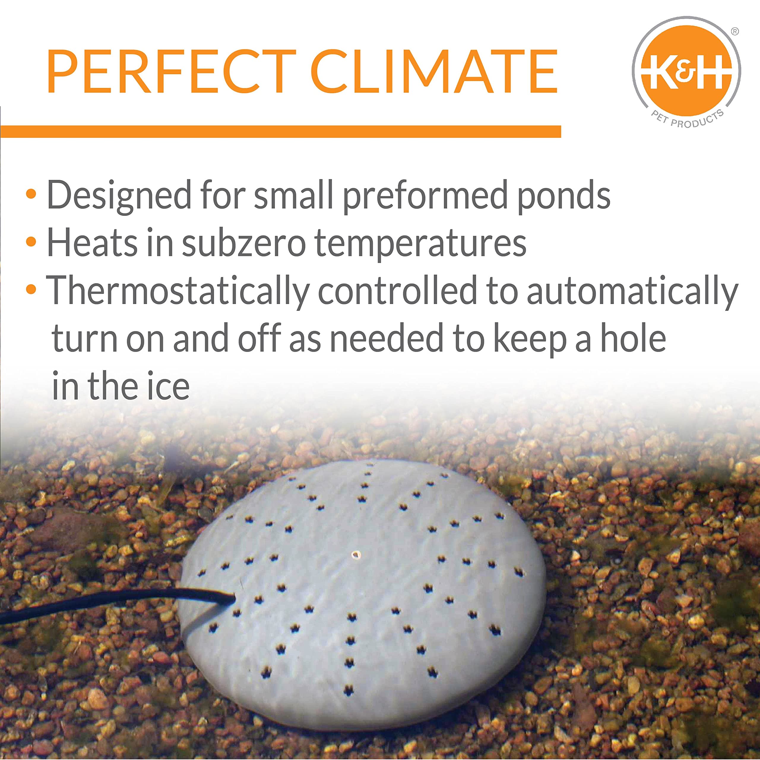 K&H Pet Products Thermo-Pond Climate - Descongelador Sumergible para Estanque Gris, 8 x 8 Pulgadas, 300 W, 1 Unidad (Paquete de 1)