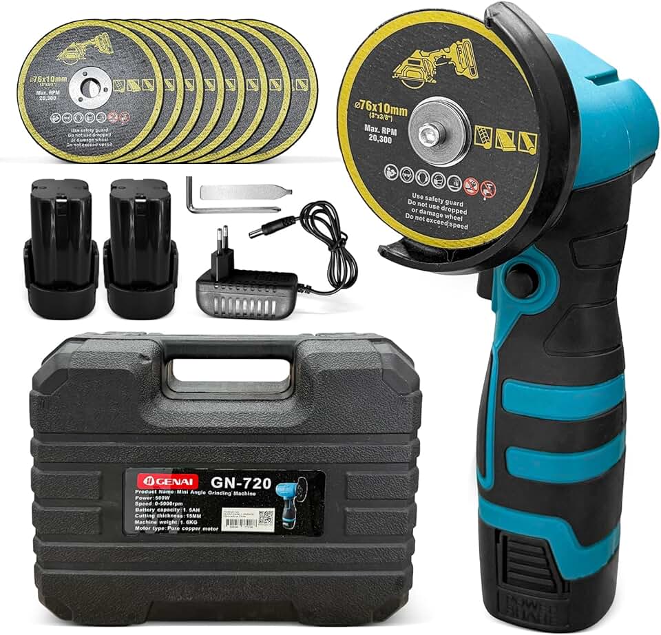 Esmerilhadeira Lixadeira Angular 110V/220V, Esmerilhadeira Angular 500W com 2 Baterias e 8 Discos 76x10mm para Corte de Madeira e Metal