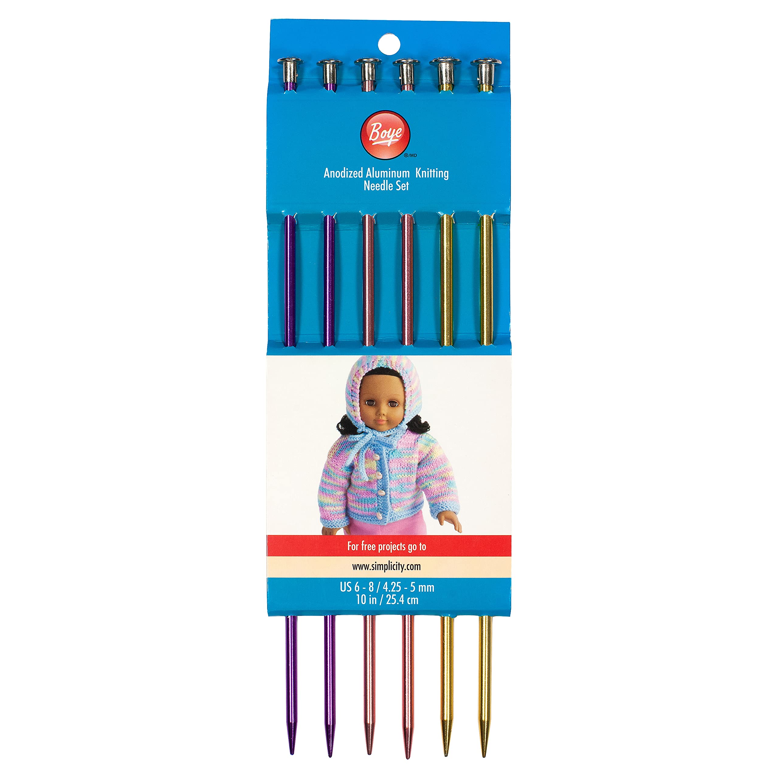 BoyeAnodized Aluminum Metal Knitting Needle Set, 6pc, US Sizes 6'' - 8''