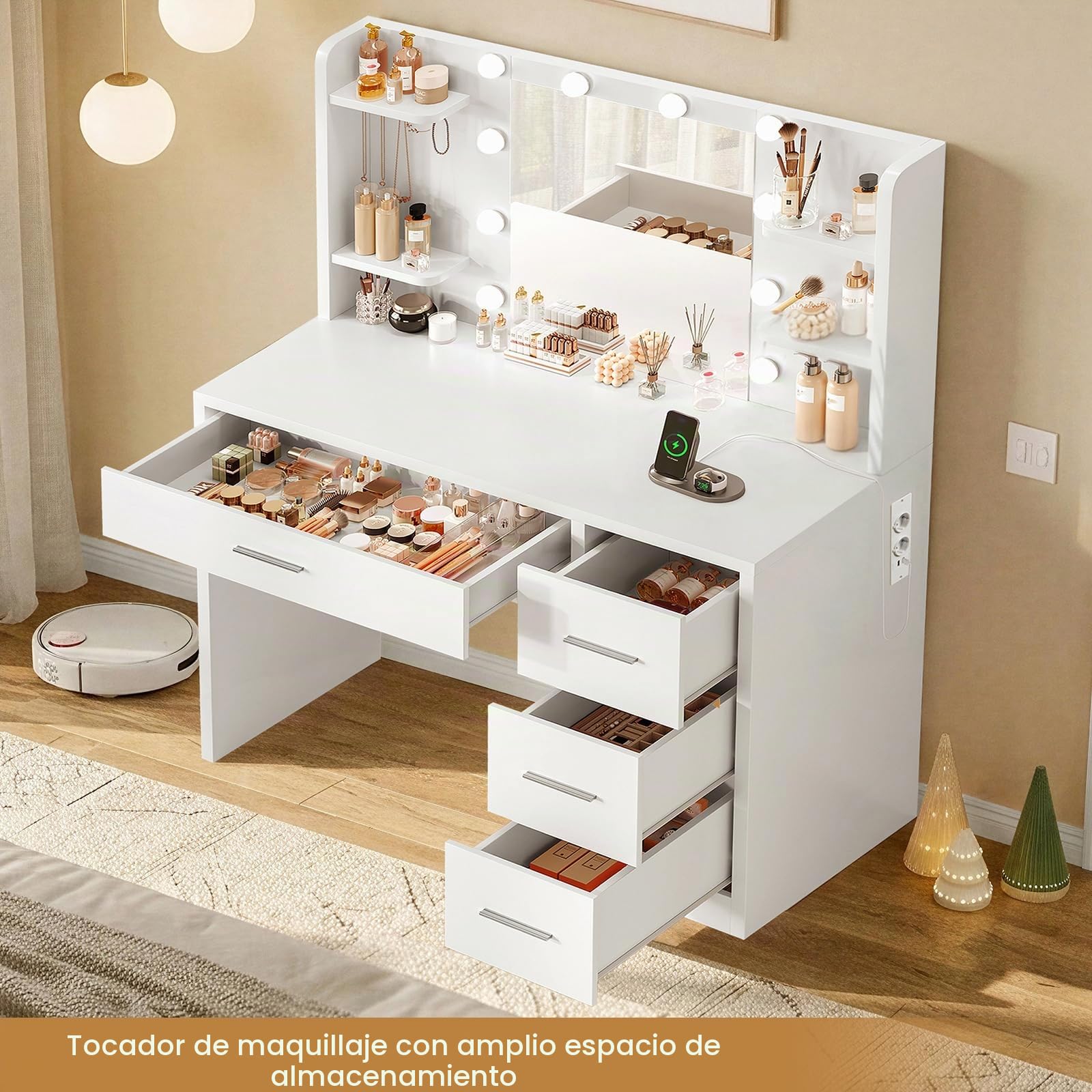 Tocador, Tocador de Maquillaje con Luces y Espejo, Mesa de Maquillaje con Toma de Corriente, Mesa de Maquillaje con 4 Cajones, 4 Estantes Abiertos, 5 Ganchos de Joyería para, Blanco