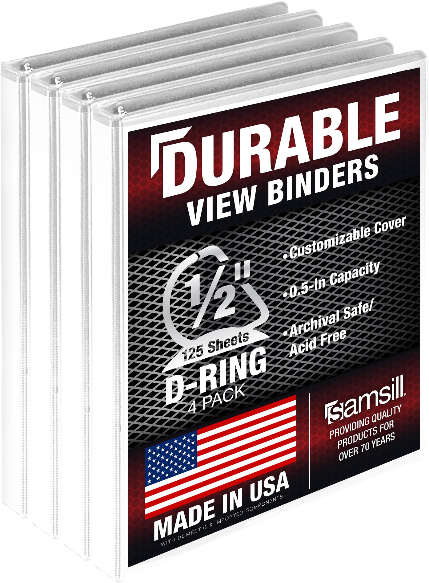 Samsill 0.5 Inch 3 Ring D-Ring Binder, White, 4 Pack | Recycled Chipboard, Clear View Cover - main product image