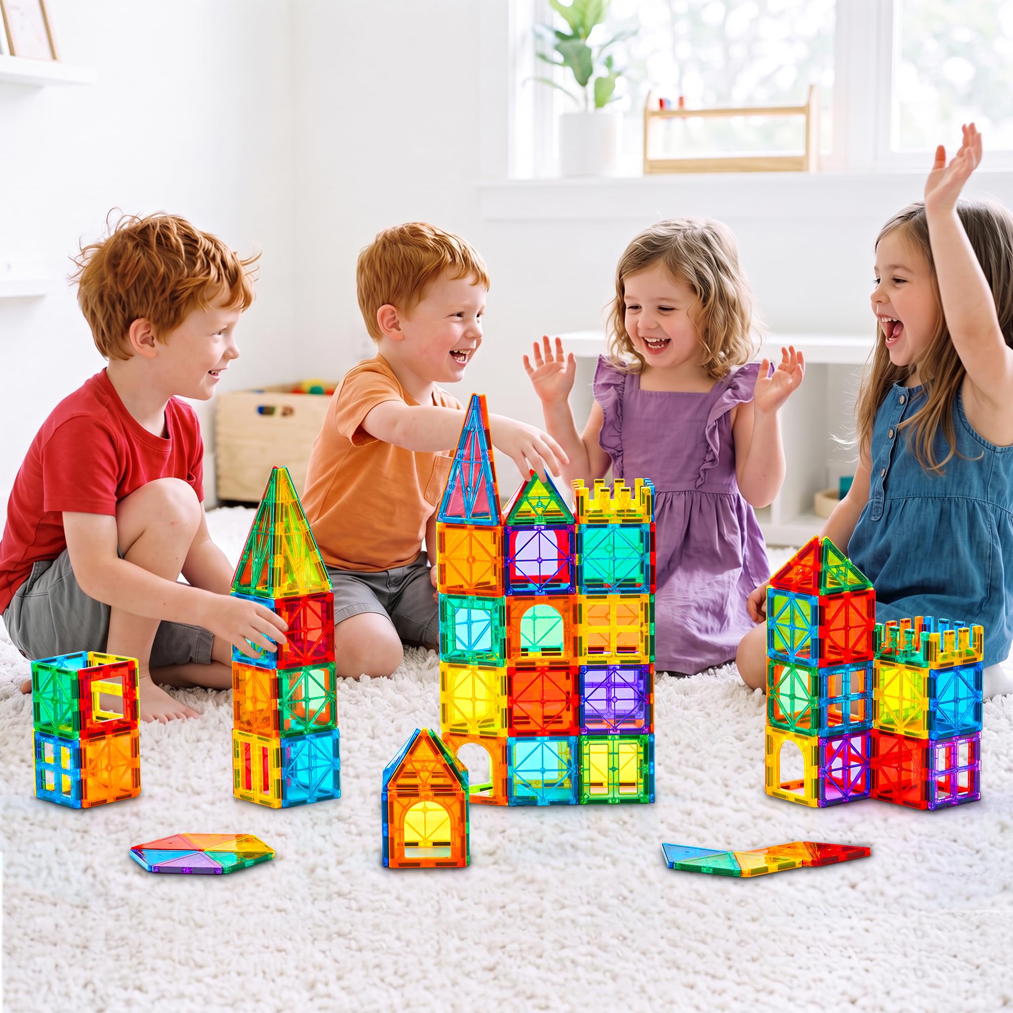 Gemmicc Set di 136 blocchi magnetici per bambini di lusso per puzzle magnetici 3D impilabili per ragazzi e ragazze, grande set con 2 auto