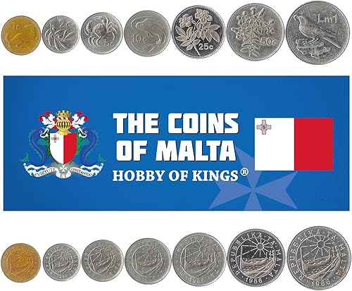 7 monedas de Malta  Colección de monedas maltés 1 2 5 10 25 50 céntimos 1 lira, circulada 1986  Blue Rock Thrush  Mahi Mahi  Comadreja  Cangrejo de