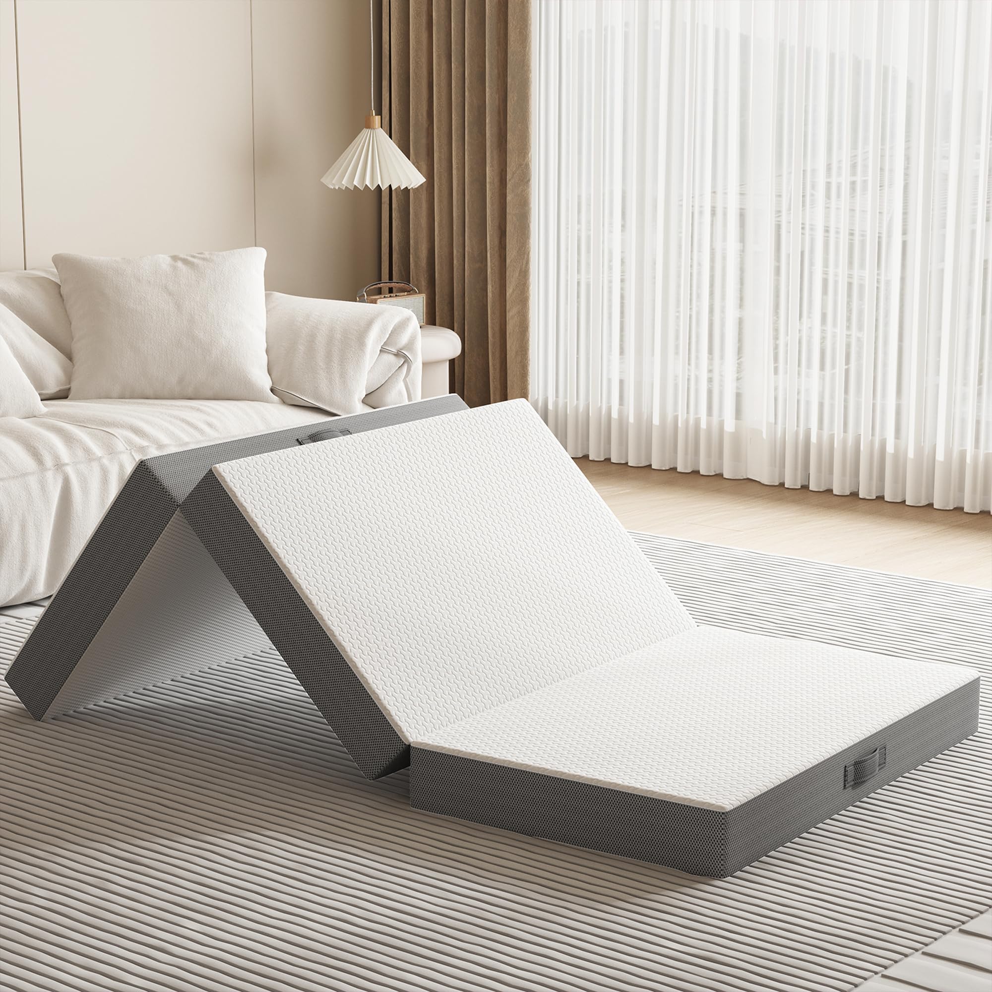 Matelas Pliable 1 Personne Adulte 90X200X10cm, Matelas d'Appoint Pliable en 3 Parties avec Housse Lavable de Sol pour Voiture, Camping, Voyage et Invités