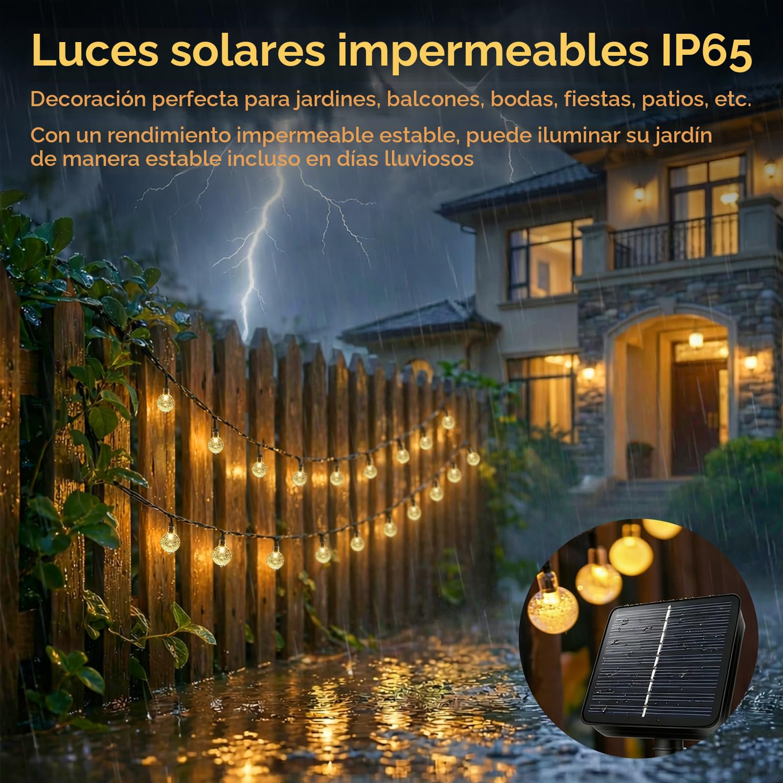 AGOTD Cadena de luces solares para exteriores, 40 LED, cadena de luces solar con temporizador, IP65, 8 modos, bolas de cristal, resistente al agua, para jardín, balcón, terraza, Navidad, bodas